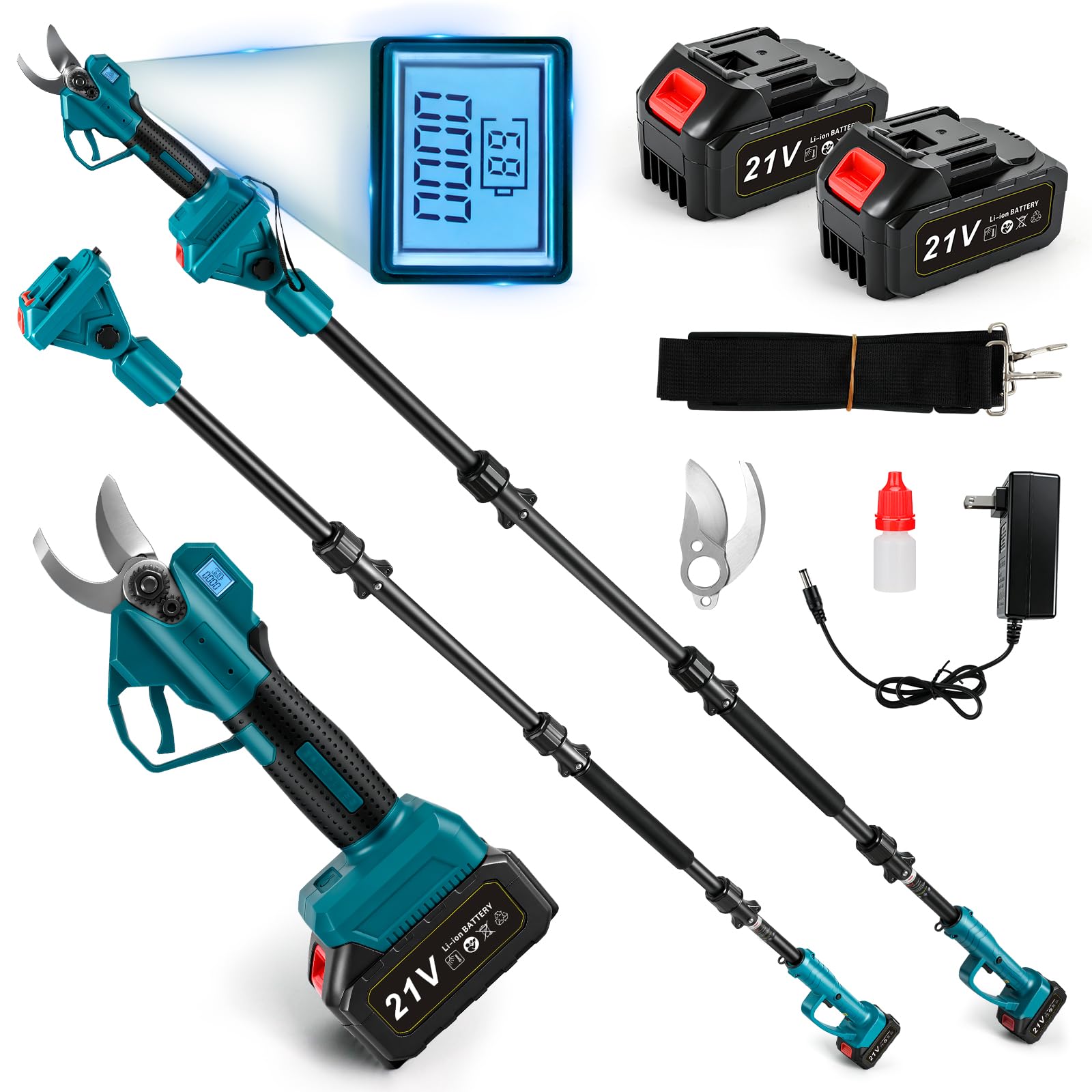 Tijeras de Podar Eléctricas, 50mm Tijeras de Podar Bateria con 2 x 2000mAh Baterías, 2.6m Pértiga Extensible, 2 EN 1 Tijeras de podar con batería con 3 marchas, Pantalla LED, cuchillas de repuesto