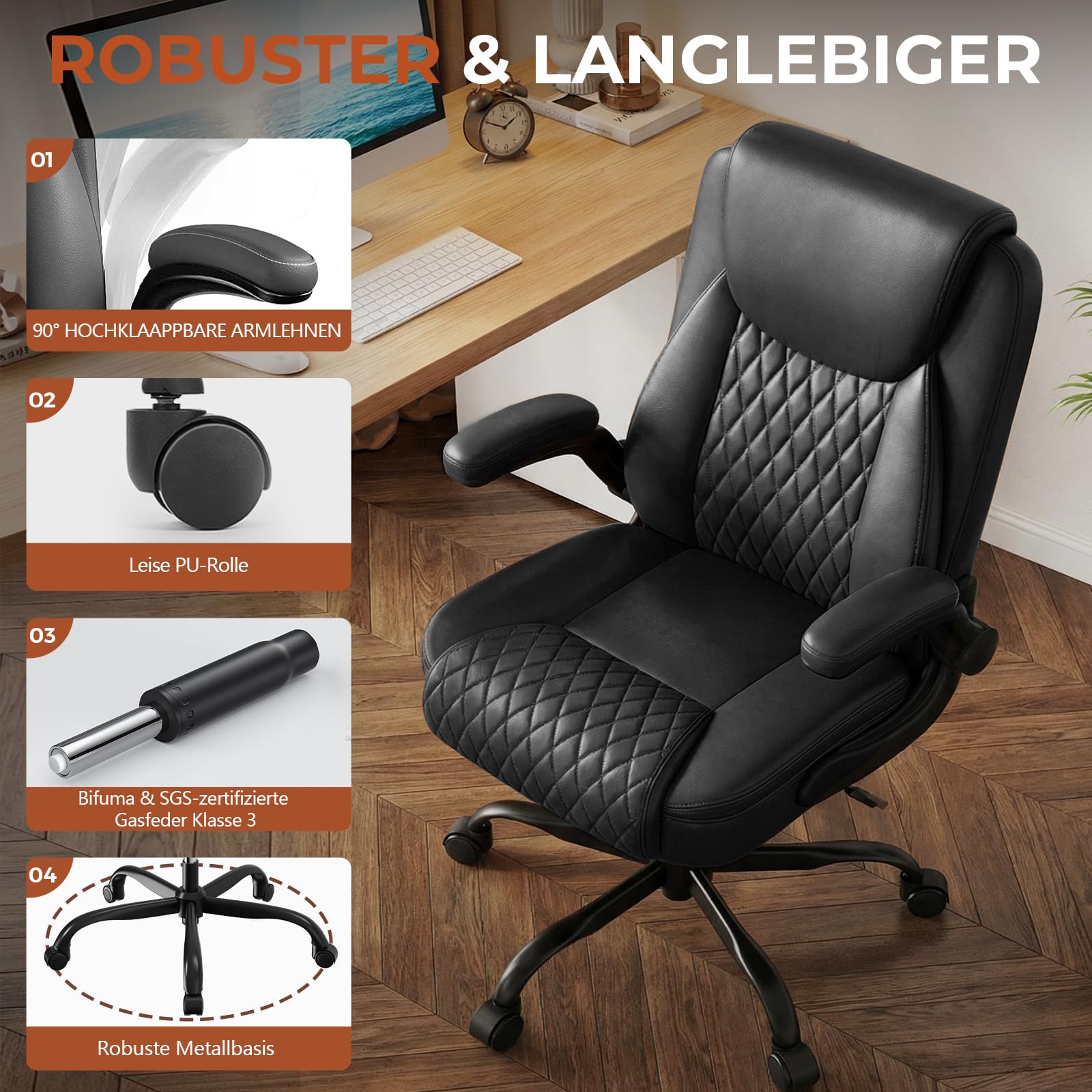 GTPLAYER Bürostuhl Ergonomisch, Schreibtischstuhl, Chefsessel mit Hoher Rückenlehne, Hochklappbaren Armlehnen, Höhenverstellbar, PU-Leder, Extra Breiter Sitz, für Büro & Homeoffice, Schwarz
