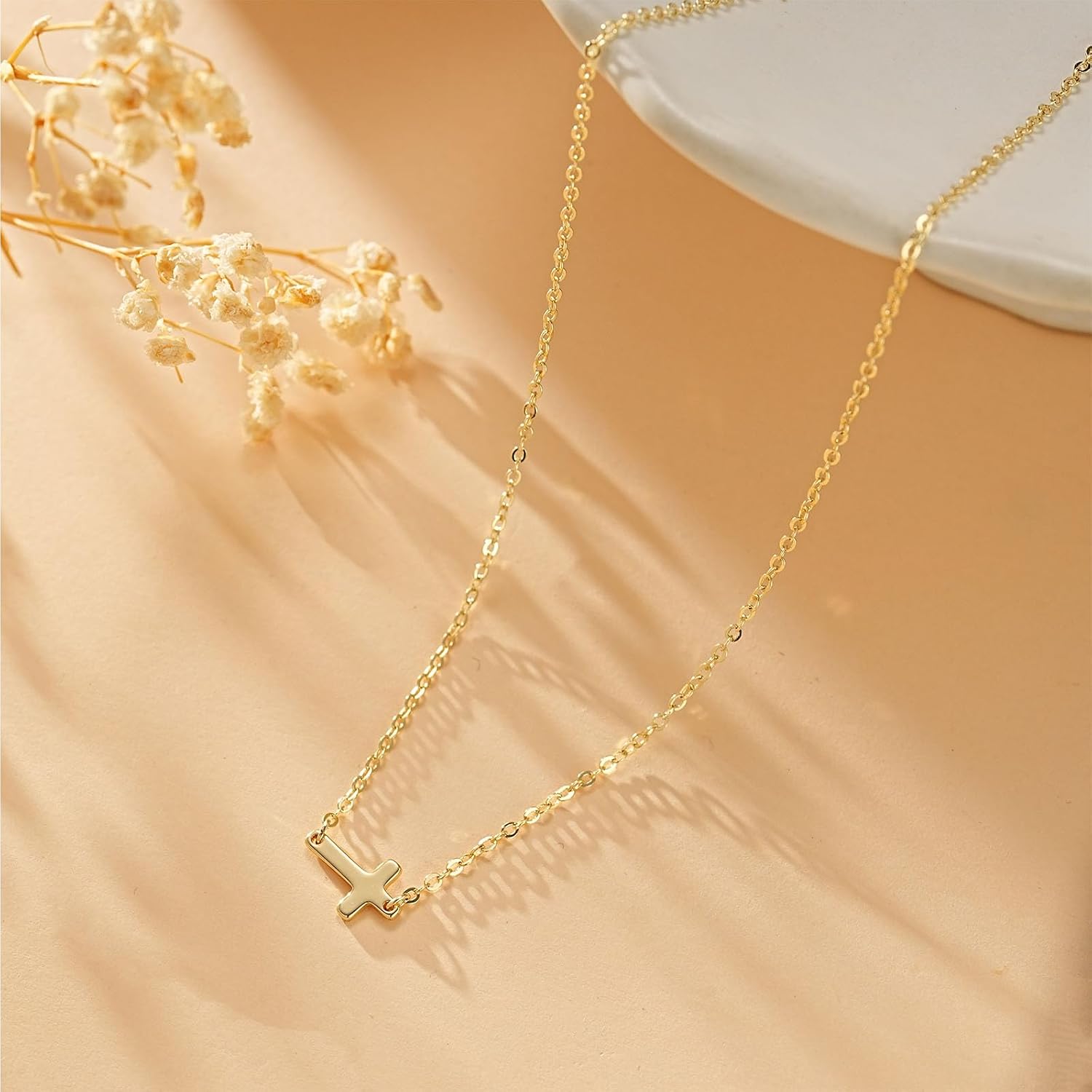 14K Gold Plated Cross Necklace for Women, Dainty Small Cross Pendant Necklace, Minimalist Layered Stackable Faith Jewelry, Non-Tarnish Waterproof Gold Choker Anniversary Birthday Gifts