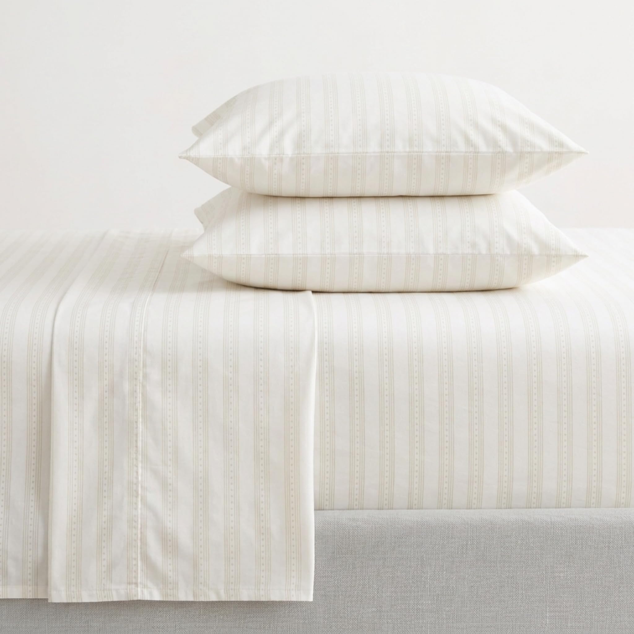Martha Stewart - Twin Size Sheets Set, Crisp &amp; Tailored Cooling Sheets with a Smooth Cotton Percale Lightweight Feel - Bed Sheets with Matching Pillowcase &amp; Fitted Sheet (Francesca Stripe Beige)