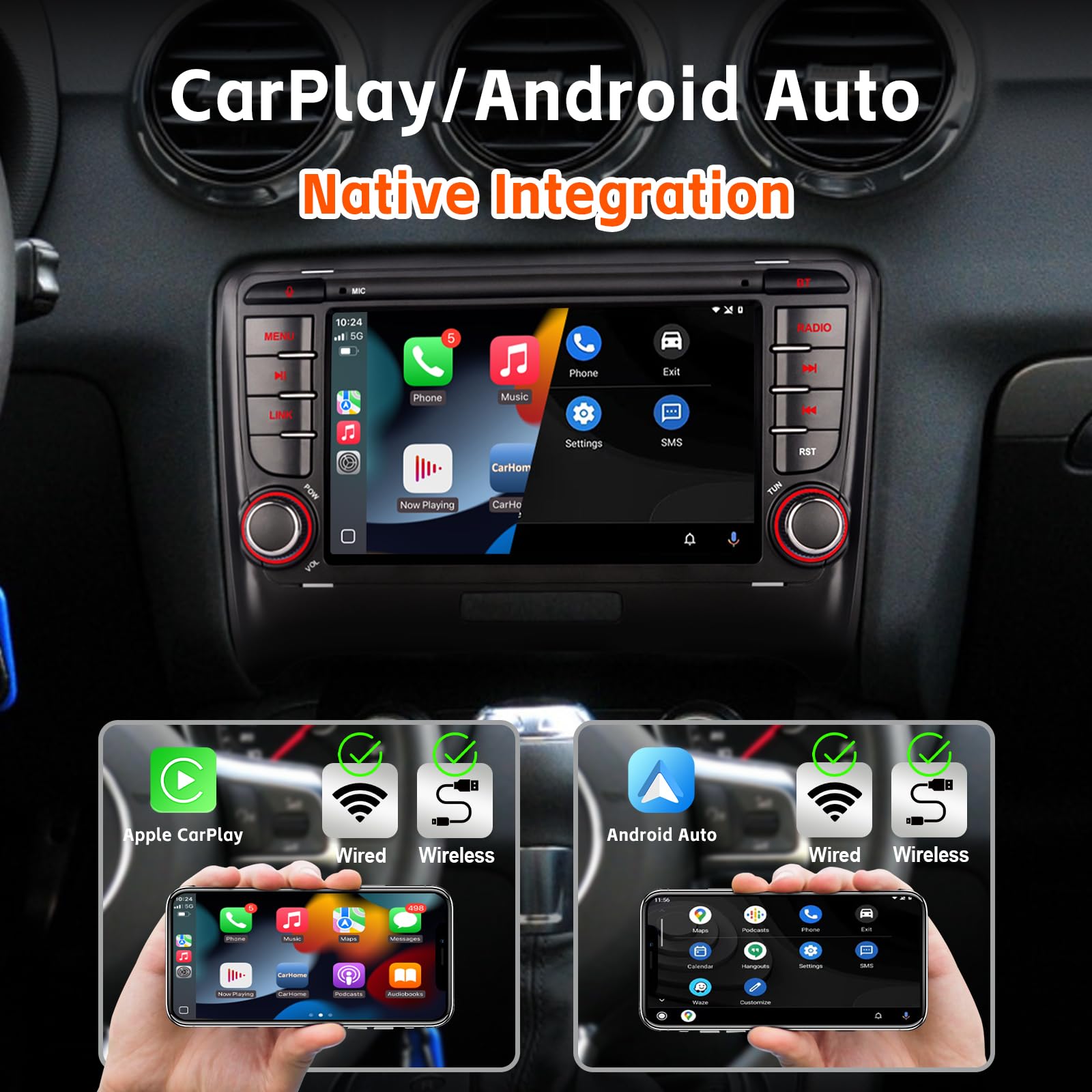 Autoradio RYUIXPUL per Audi TT MK2 8J 2006-2014 con Wireless CarPlay e Android Auto, sistema Linux 2S avvio rapido, qualità audio OEM, touchscreen IPS, Bluetooth, radio RDS, comandi al volante