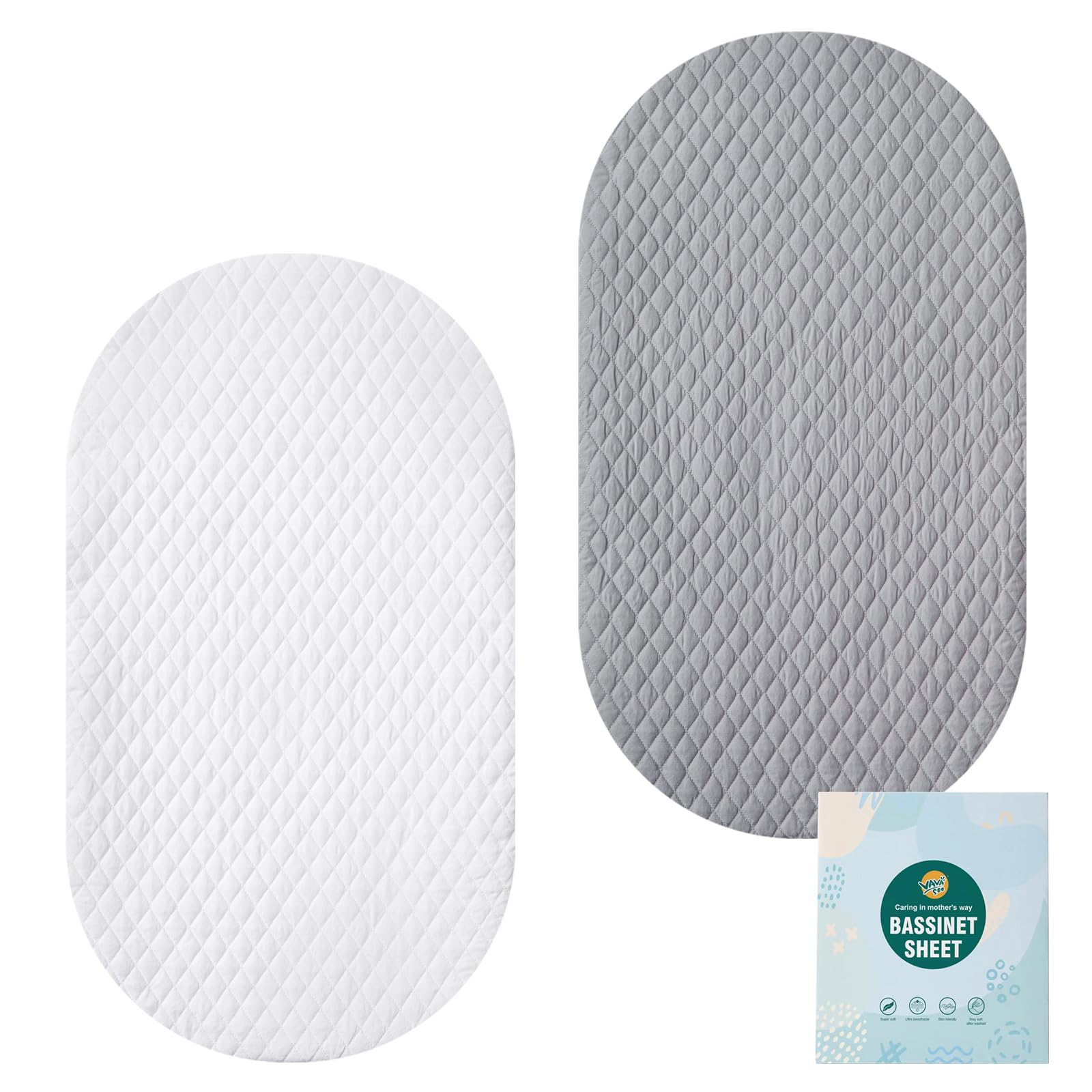 VaVaSoo Breathable Bassinet Mattress Protector, 33''x20''- Fit for Mika Micky, AMKE, Baby Delight Bedside Bassinet Cover, Ultra Soft Bassinet Mattress Cover, Elastic & Easy Care, 2 Pack, Grey & White
