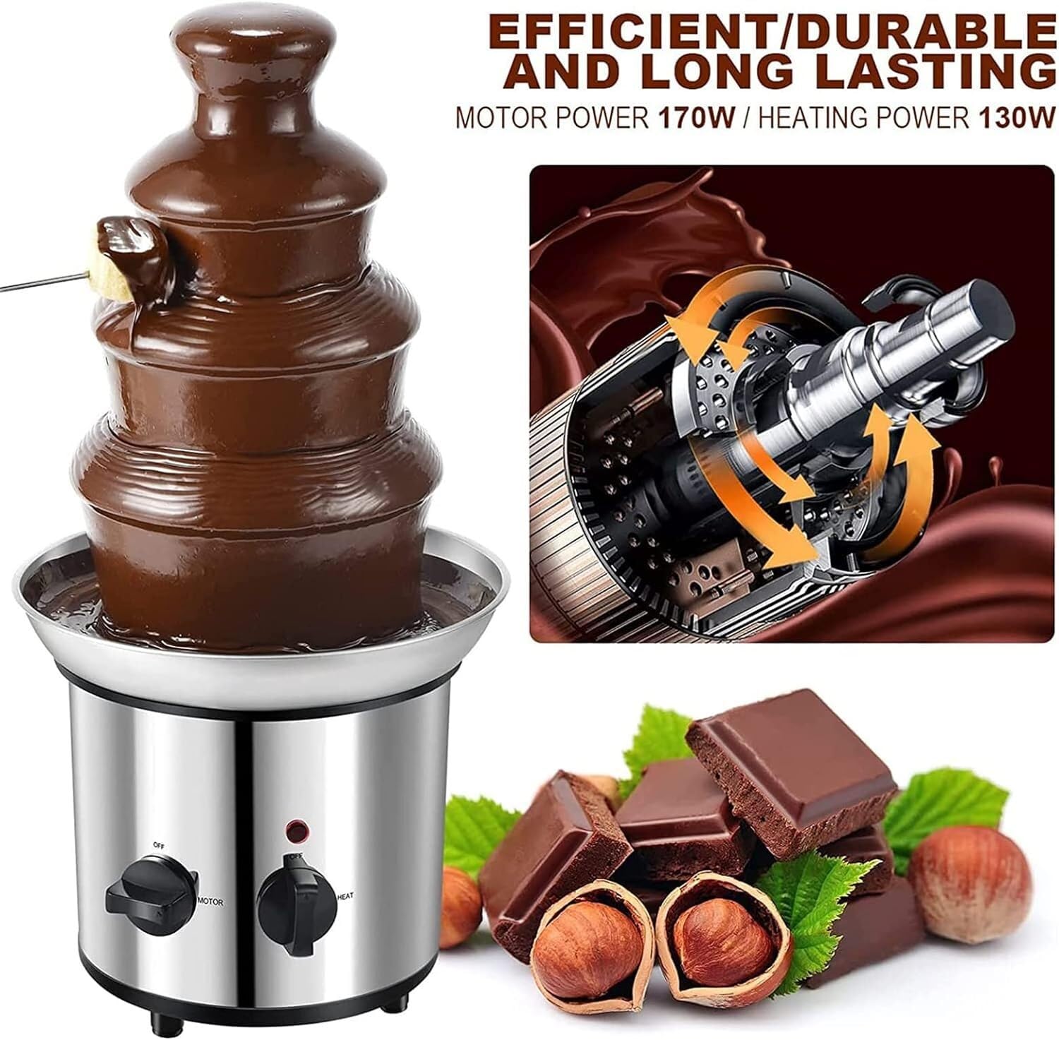 DFEDHF 4 Tier Hot Chocolate Fondue Fountain Machine, Commercial Chocolate Fountain, Large Stainless Steel Chocolate Fountain Fondue Set for Parties, Weddings