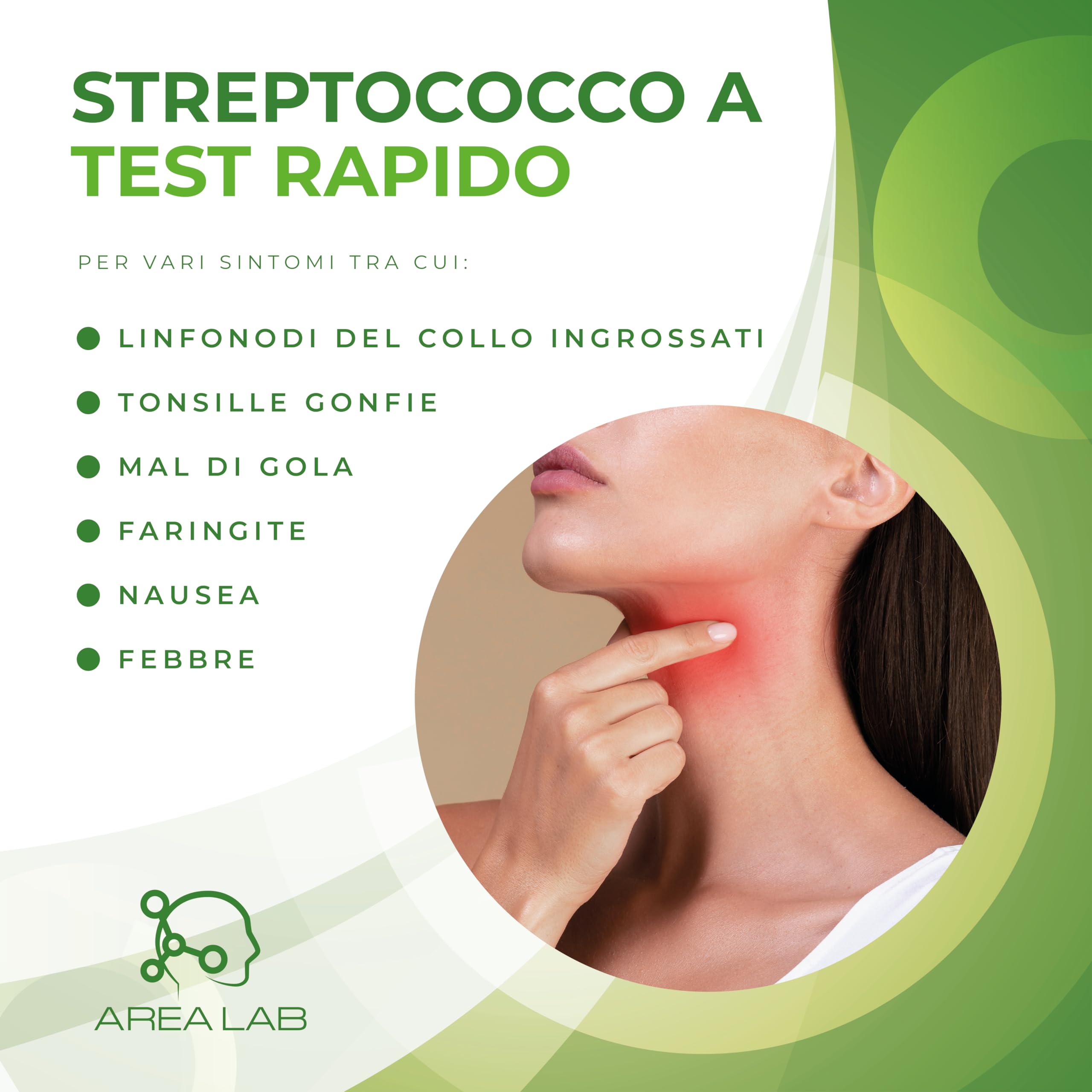 Tampone Streptococco AREA LAB | Test Streptococco A Per Adulti e Bambini | Tampone Faringeo Rapido (1 PZ) | Dispositivo Medico Registrato Ministero della Salute | Marchio CE | Kit Autodiagnosi a Casa con Abbassalingua
