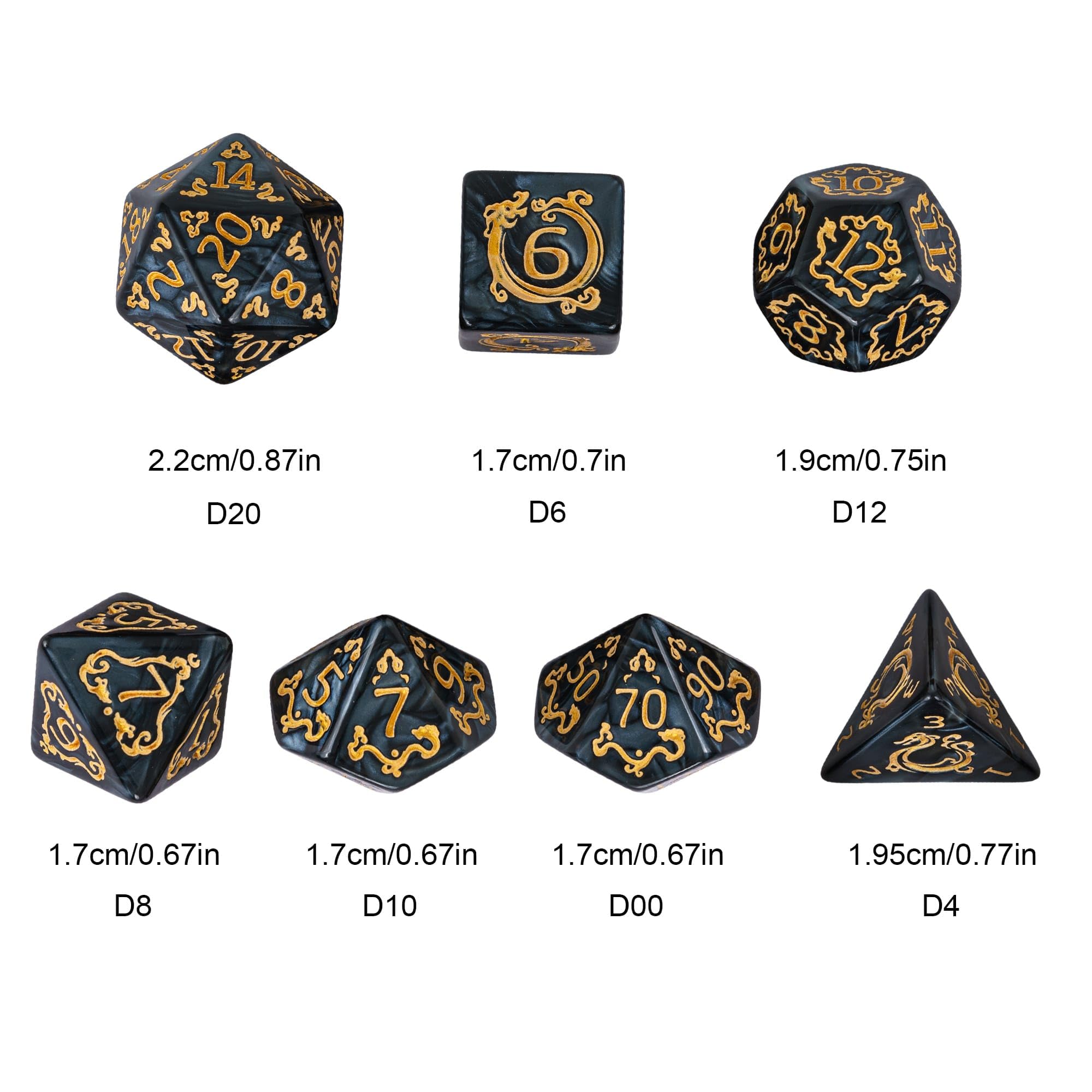 Juego de 7 dados DND con patrón de dragón poliédrico con bolsa de cuero, juego de dados para juegos de mesa RPG (negro con patrón de dragón dorado)