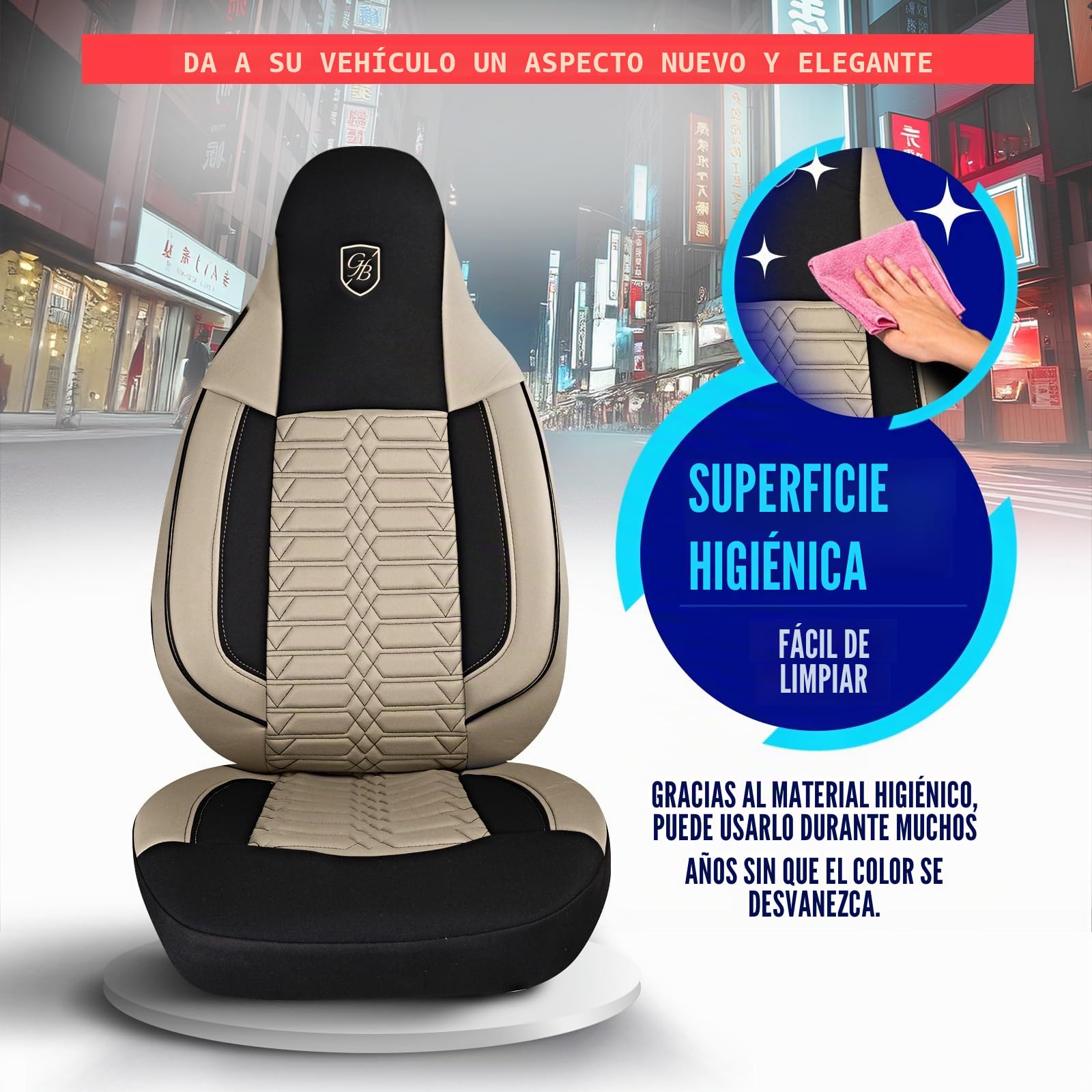 Fundas de Asiento Camper en Tela Lacoste, compatibles Fiat Ducato, Citroën Jumper, Peugeot Boxer, Asientos Delanteros Conductor & acompañante, Camper & Caravana, Beige-Negro