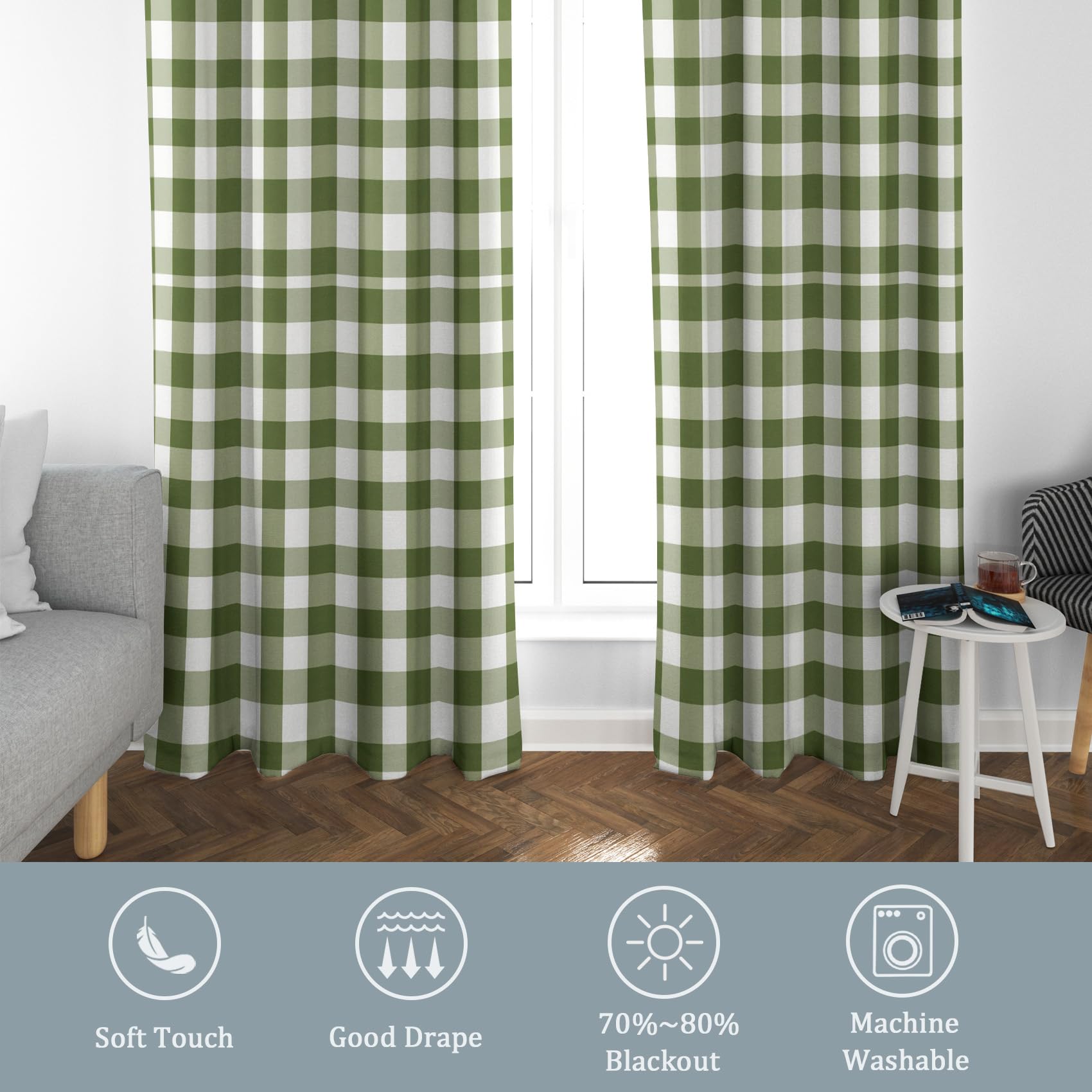 Kariert Grün Vorhänge Mit ösen Blickdicht, Olivgrün Tartan Vorhang Schlafzimmer Wohnzimmer Küche 110 x 215 cm Lang, Übergardinen Innen Verdunklungsvorhänge