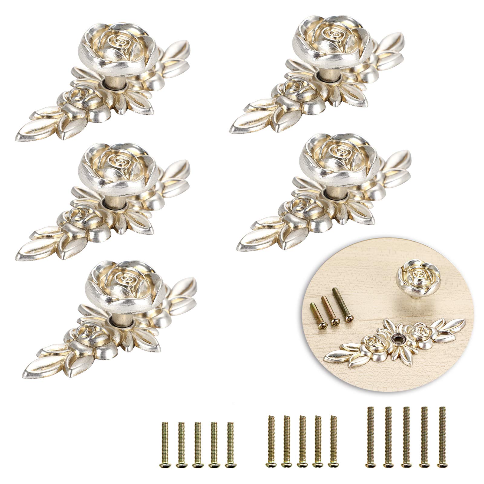 Bstkey Antique Silver 5 Packs Rose Drawer Knobs Pull Handles For Cupboard Cabinet Wardrobe Chest With Plate, Decorative Furniture Knob For Home (100Mm, )