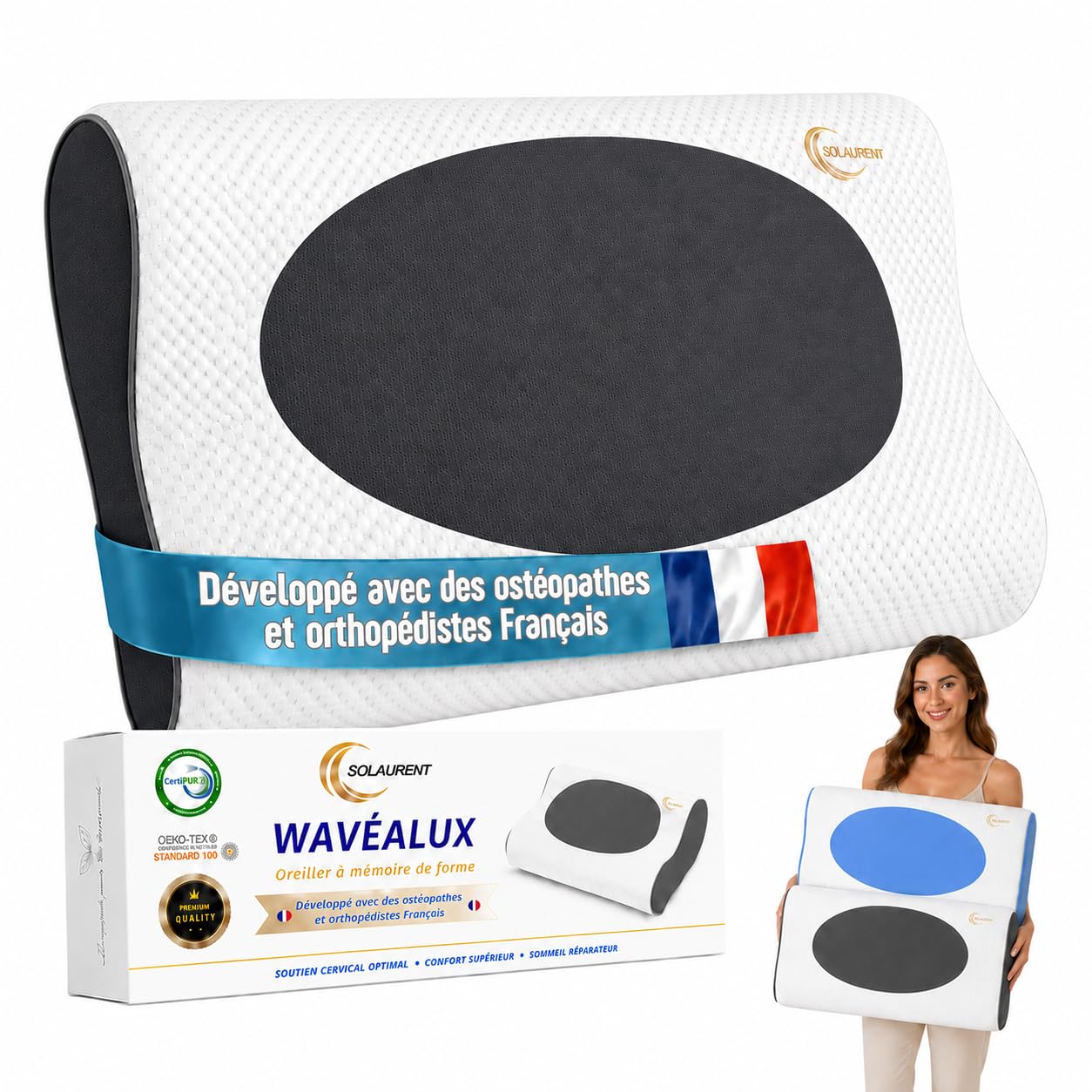 Wavéalux® Oreiller Ergonomique Cervical 3 en1 - Toutes Positions