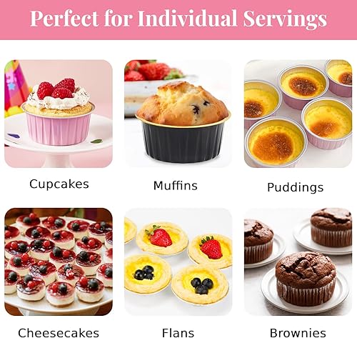 Miniatura 7 de ZORRITA Paquete de 100 mini moldes para cupcakes de 5 onzas con tapas de cúpula y tenedores, tazas de aluminio para hornear pasteles, recipientes