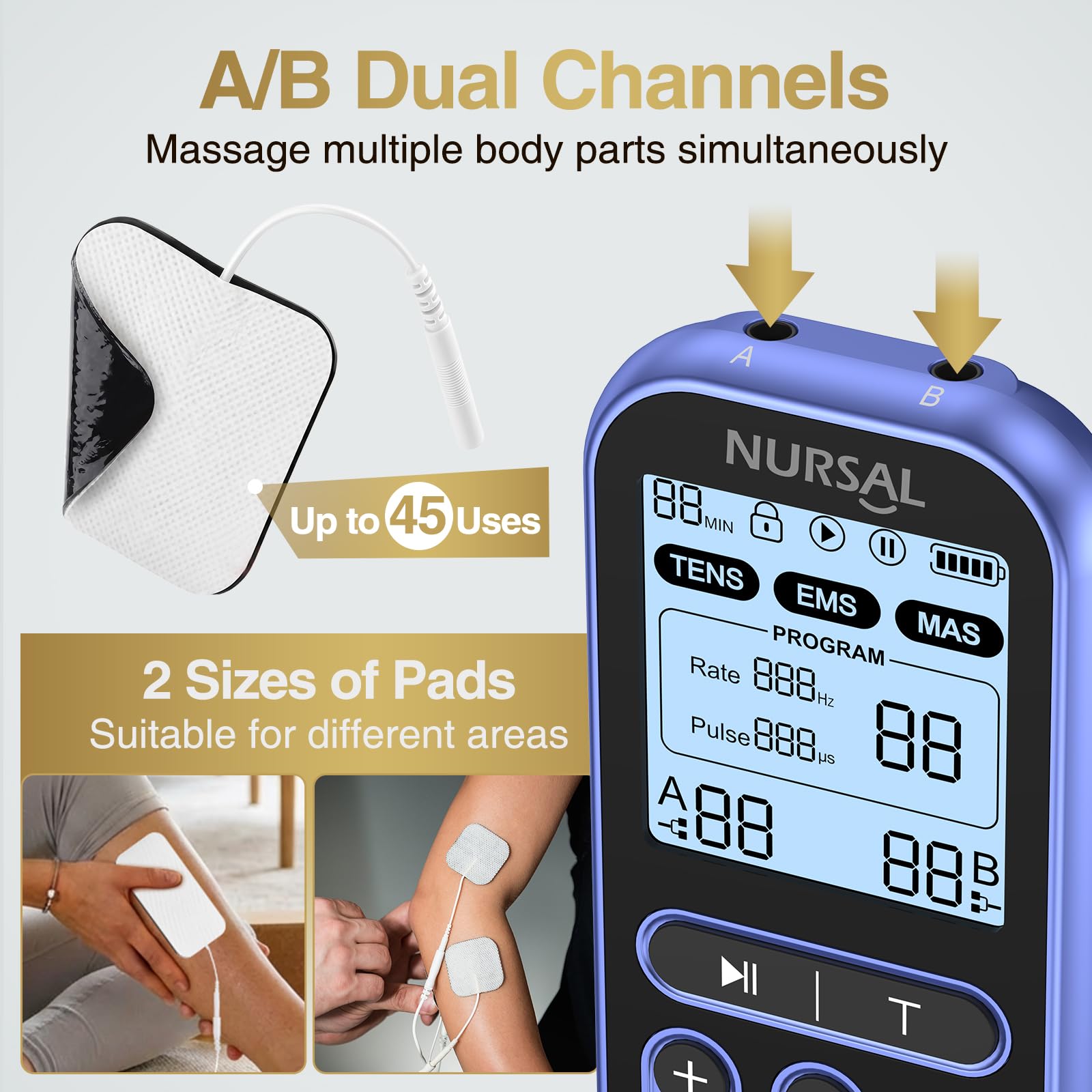NURSAL 60 Modes TENS Unit Muscle Stimulator for Pain Relief Therapy, 3-in-1 Dual Channel EMS Muscle Stimulator for Back, Shoulder, Neck, Knee, Sciatica, Rechargeable TENS Machine with 12 TENS Pads — Amazon image 5