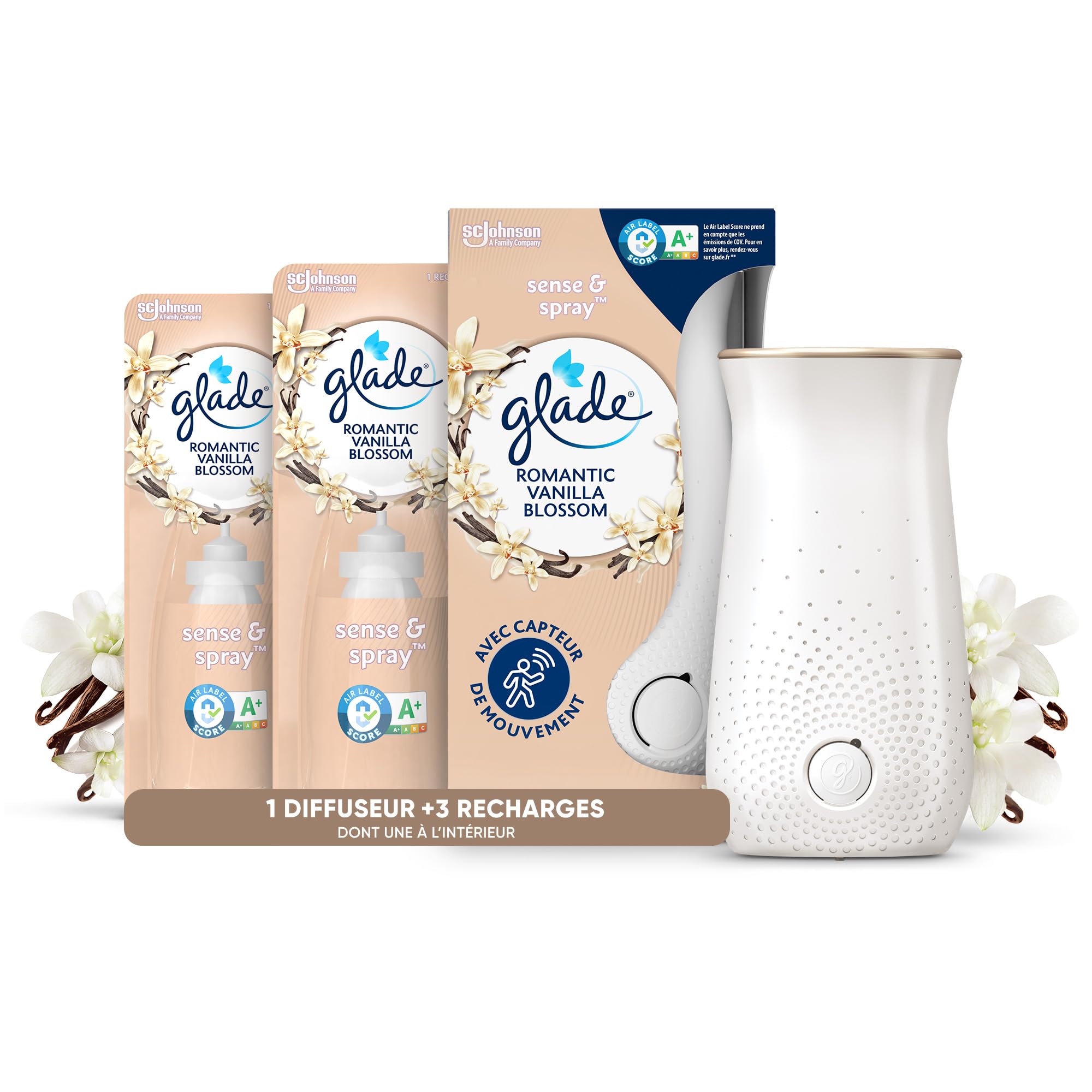 Glade Sense et Spray Diffuseur à Détection de Mouvement - Infusé Aux Huiles Essentielles - Jusqu'à 2 Mois de Parfum – Sans Parabens - Romantic Vanilla Blossom - 1 Diffuseur et 3 Recharges de 18ml