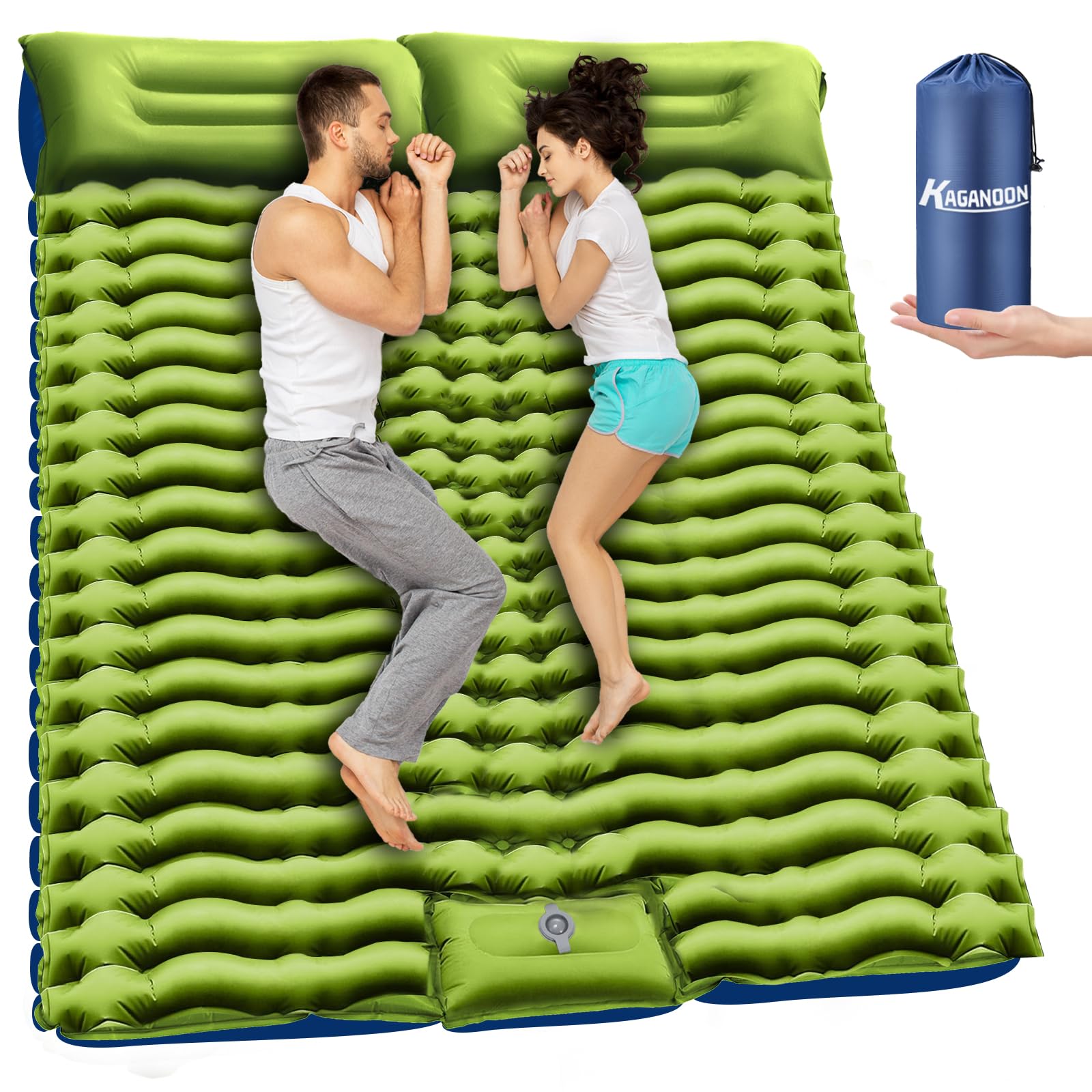 Double Camping Sleeping Pad, Extra-Thick Camping Mat for 2 Person with Pillow, Built-in Foot Pump Inflatable Sleeping Pads, Compact Camp Air Mattress for Backpacking, Hiking