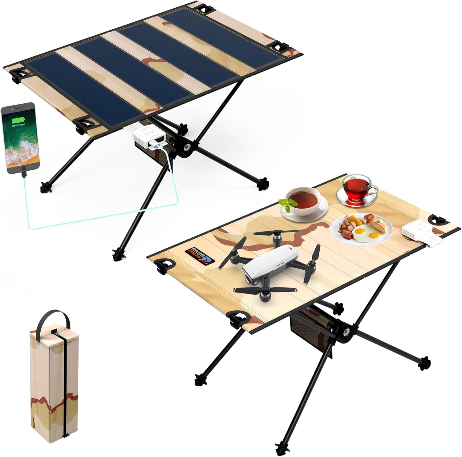ECOeshiner Solar Folding Table 28W, Camping Table - Solar Charging, Mesh Bag, Two USB Ports, Heat + Water + Splash Resistant, Solar Powered, Beach Table, Picnic Table, Outdoor Table
