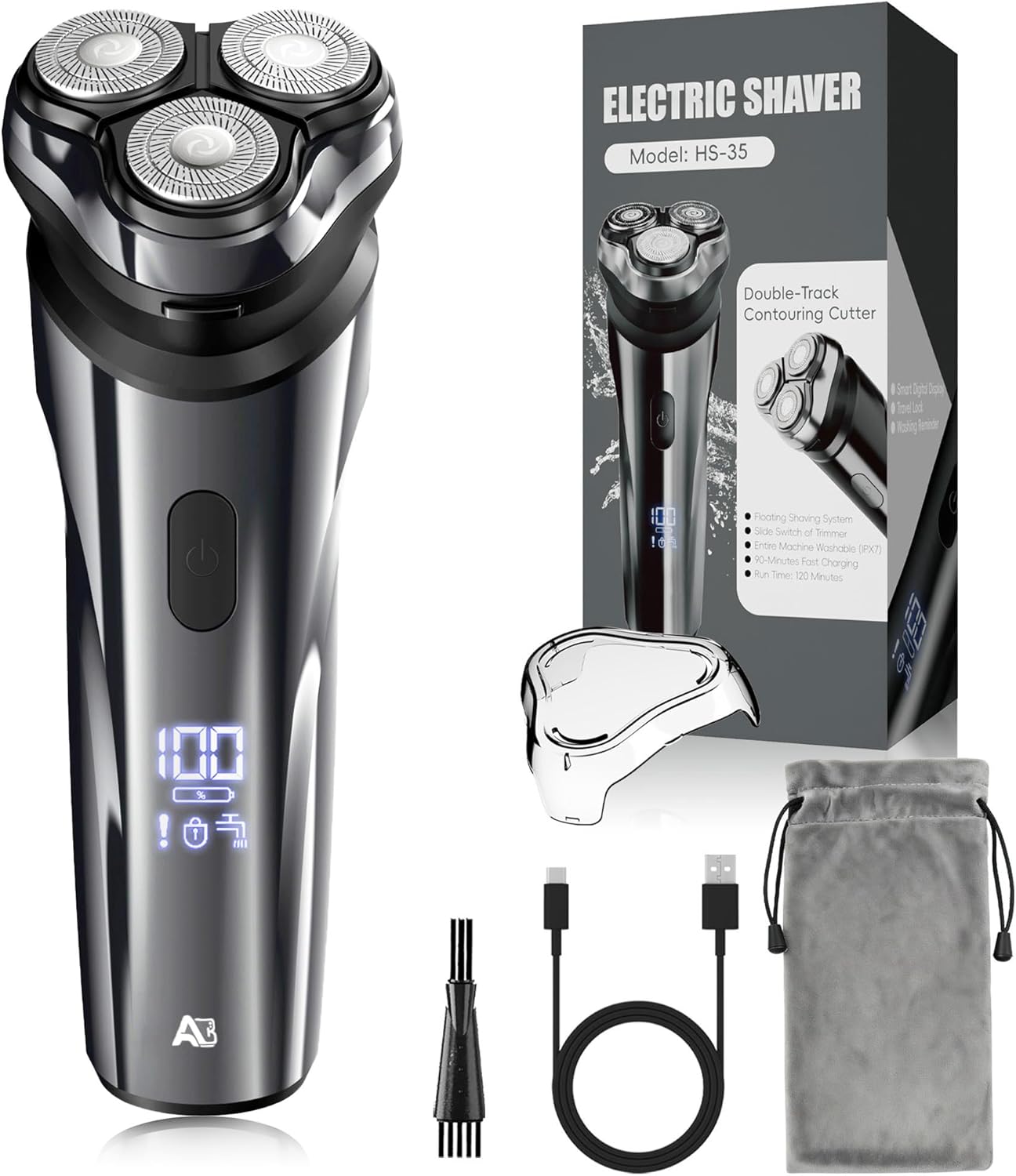 ABGAB Electric Rechargeable Shaver for Men,Wet & Dry Electric Razor, IPX7 Waterproof Rotary Shaver for Men,4D Floating Head, LED Display,Type-C, Travel-Friendly,Silver