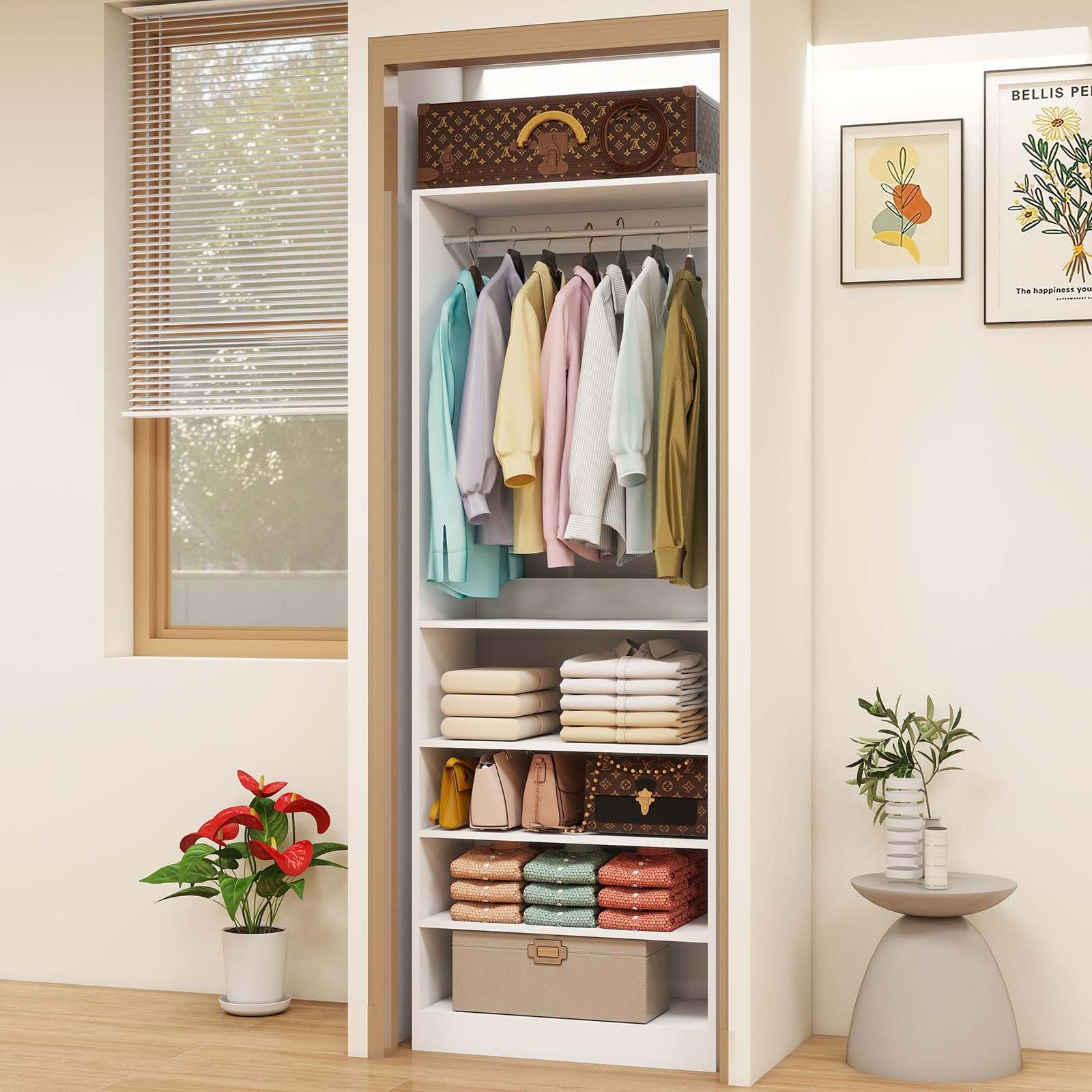 Closet System with Shelves, 2FT Wood Closet Organizer System Walk-in Closet Standalone Storage Shelf with Hanging Rods Freestanding White (2FT)