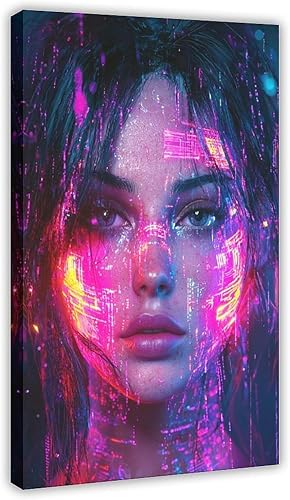 XAHOR Urban Cyberpunk - Retrato de neón  Arte digital femenino futurista retro para pared, póster artístico y arte de pared, póster moderno para