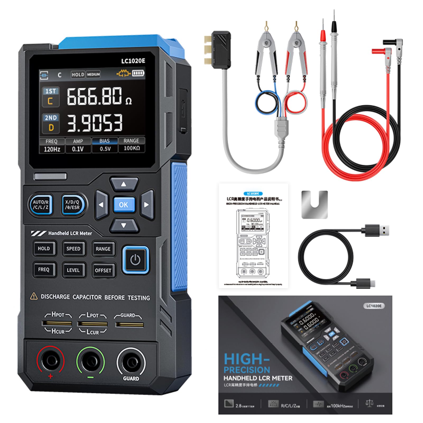 Yosoo Health Gear Miernik, Ręczny Cyfrowy Tester Pojemności z Zaciskami Kelvina, Automatyczny Pomiar od 100 Hz do 100 KHz, Dwuparametrowy Wyświetlacz TFT, do Napraw R i D Oraz Testów Przemysłowych