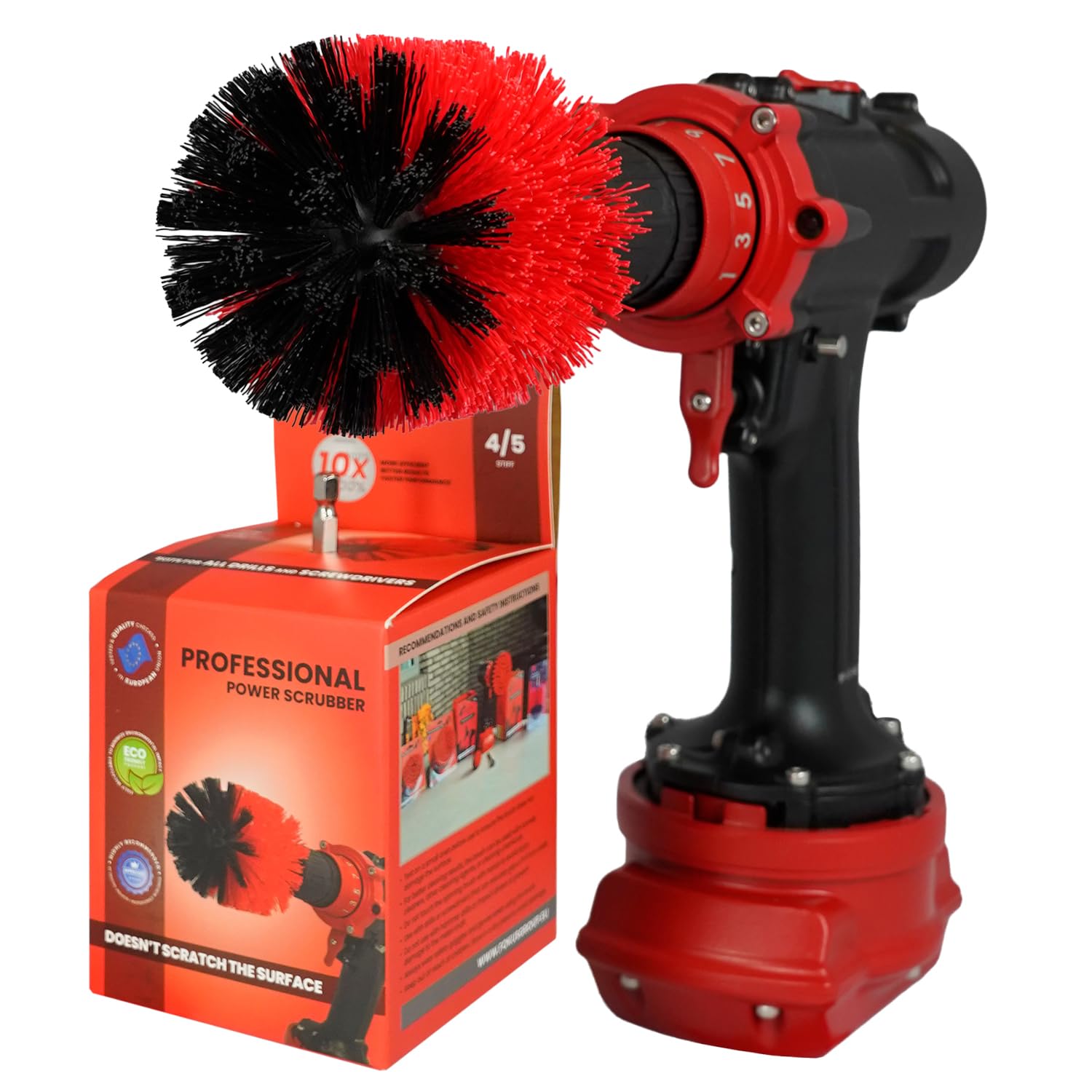 Kornely Red Premium Drill Brush Professional – Stiff 8.5 Cm | Scratch-Free Outdoor Cleaning Brush For Patio Bricks, Decking, Garden Tools, Lawn Mowers, Bicycles, Car Wheels, Pool Tiles And Boat Hulls