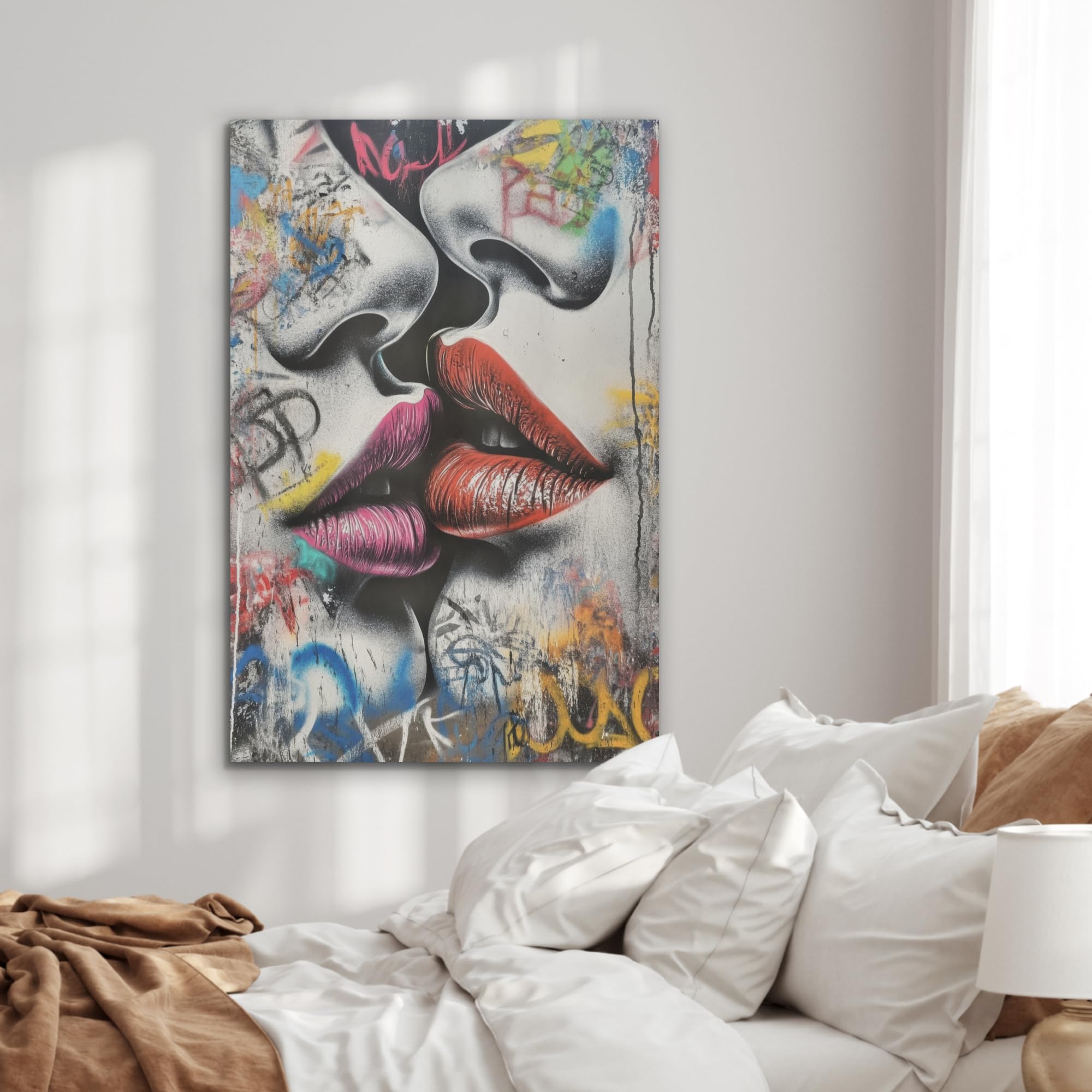 MuchoWow© Wandbilder aus Filz 60x90 cm Wohnzimmer Wanddeko Schlafzimmer Zimmerdeko Wandgemälde Zimmer Deko für die Wand Dekoration Wall Art Straßenkunst - Lippen - Kuss - Graffiti