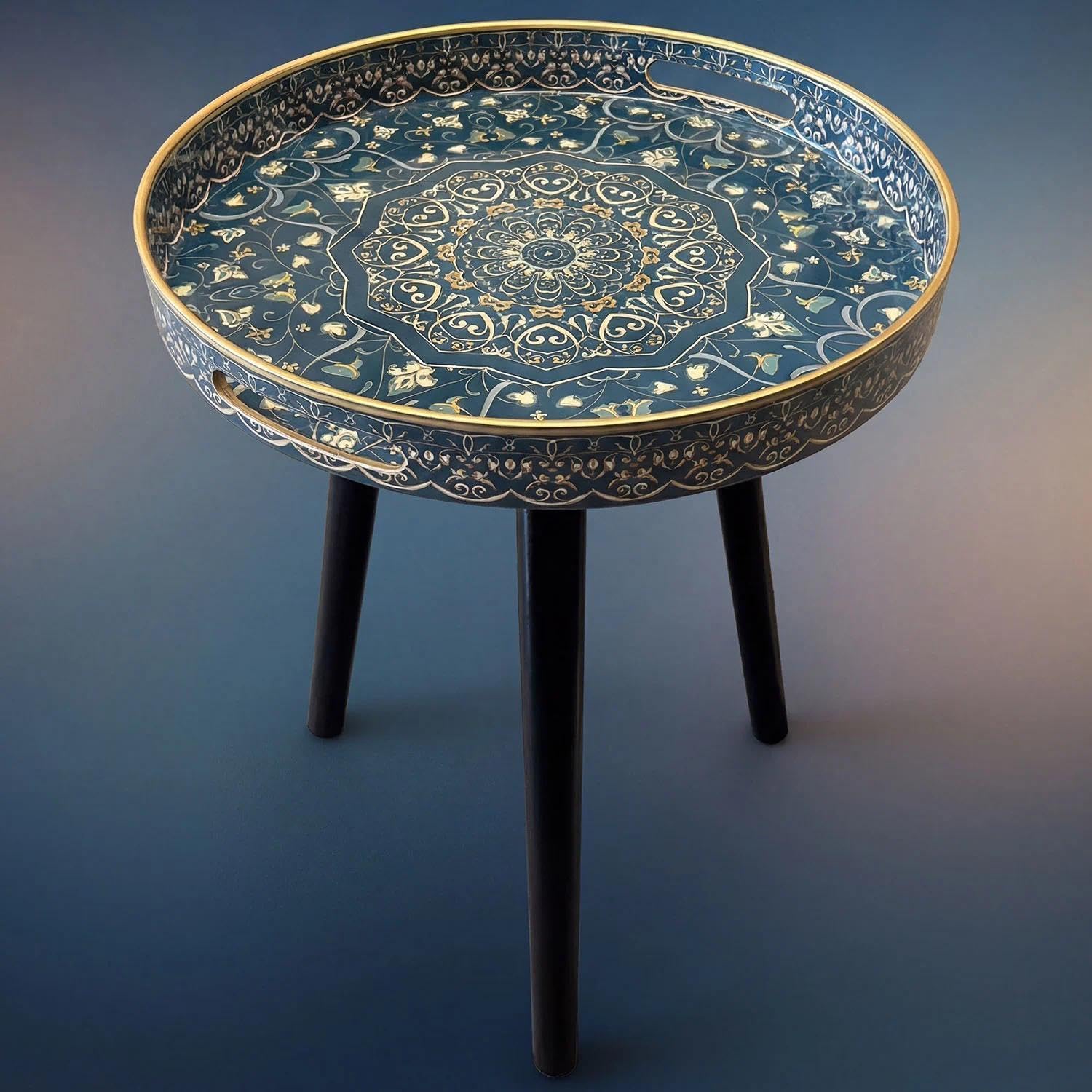 Tables d'appoint rondes d'extérieur avec 3 pieds en bois détachables, table plateau polyvalente, parfaite pour table basse ronde à café et à thé, et moment de détente 45 cm (Bleu Maze)