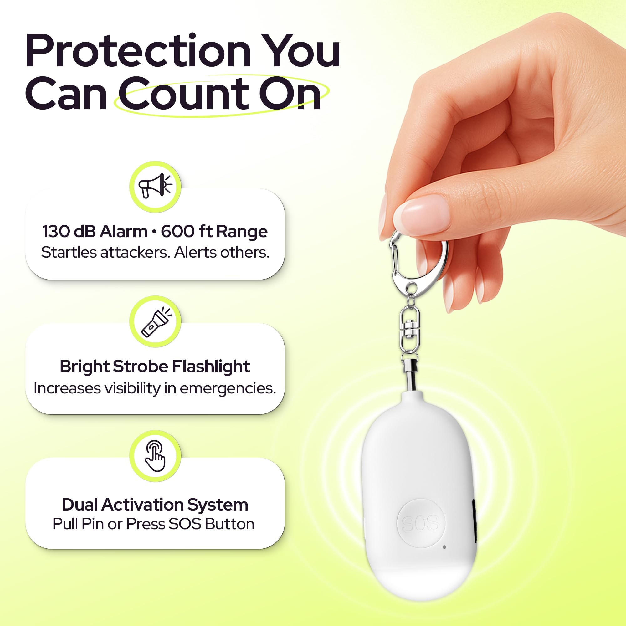 WETEN - Set di 3 portachiavi con allarme personale ricaricabile da 130 dB con sirena di emergenza autodifesa con torcia a LED, portachiavi SOS di sicurezza per le donne (rosa e blu e bianco)