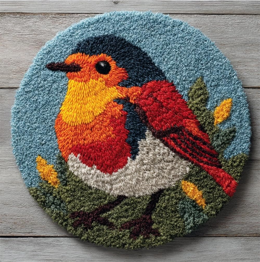 kitphoenix Round Latch Hook Kits Rug Making Crafts with Colorful Pattern Printed, Robin Bird Unfinished Handmade Crochet Yarn for Adults Beginner, 50X50Cm