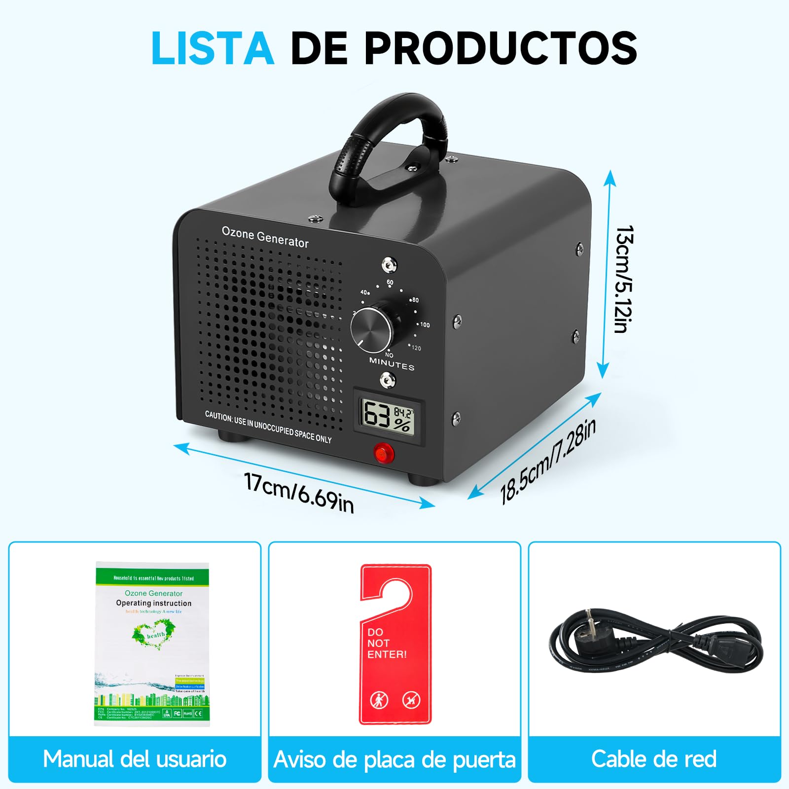 Generador de Ozono 60000mg/h, Máquina de Ozono con Indicador de Temperatura y Humedad, Desinfectador de Ozono Purificador de Aire con Temporizador, Ozonizador para Hogar, Coche, Mascotas (Negro)