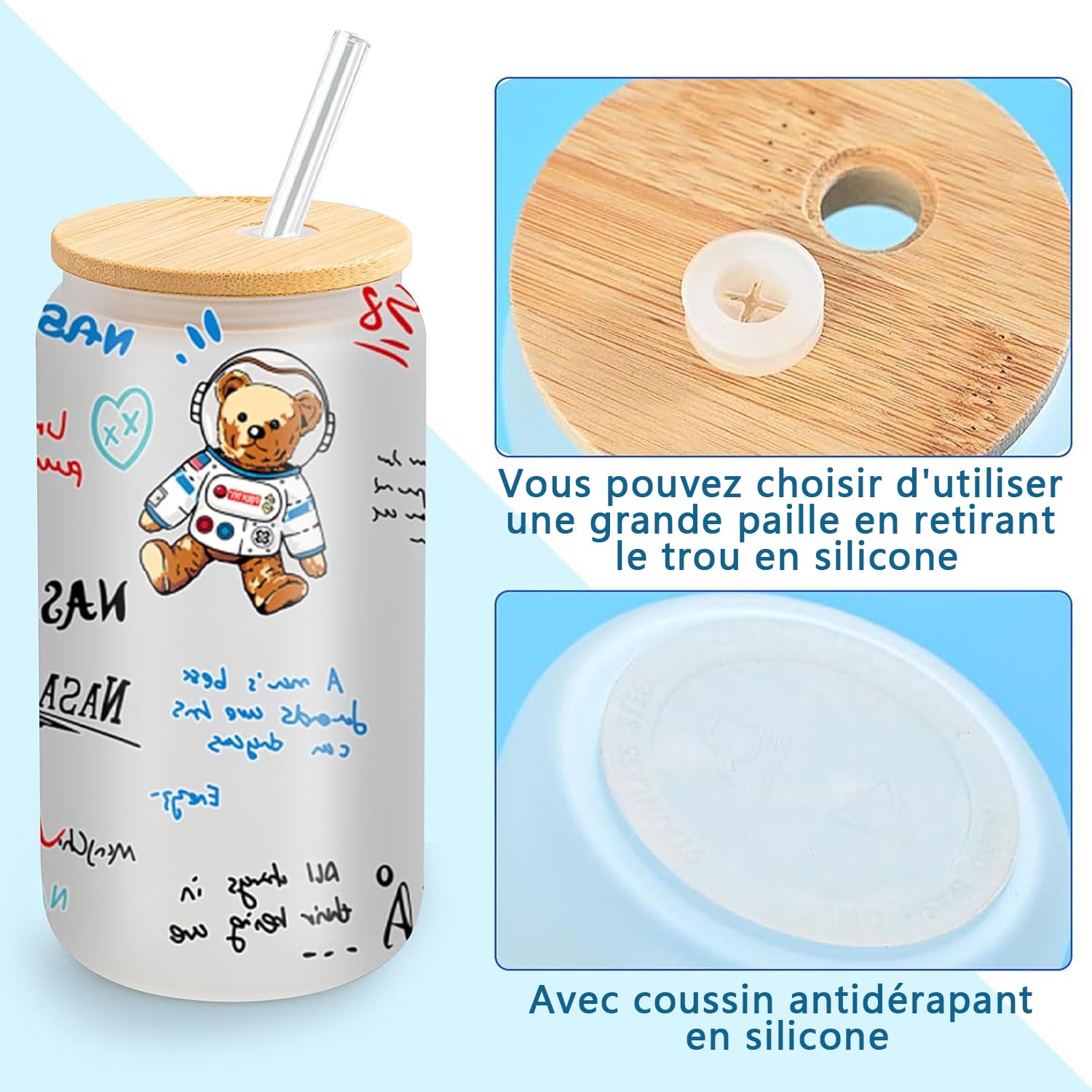 Lot de 12 Verres Givrés à Sublimation 16oz, Gobelets en Verre Borosilicate avec Couvercles en Bambou et Pailles, Blanks pour Bière, Jus, Soda, Café Glacé, Boissons