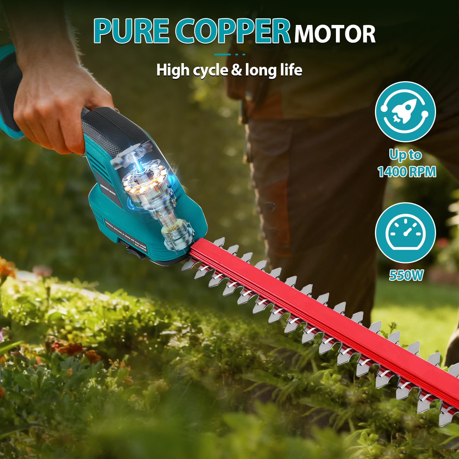 Cortasetos inalámbrico 2 en 1 con 2 baterías de 2000 mAh y Cargador, Cuchillas de 150 mm y 310 mm, Ideal para jardín y césped