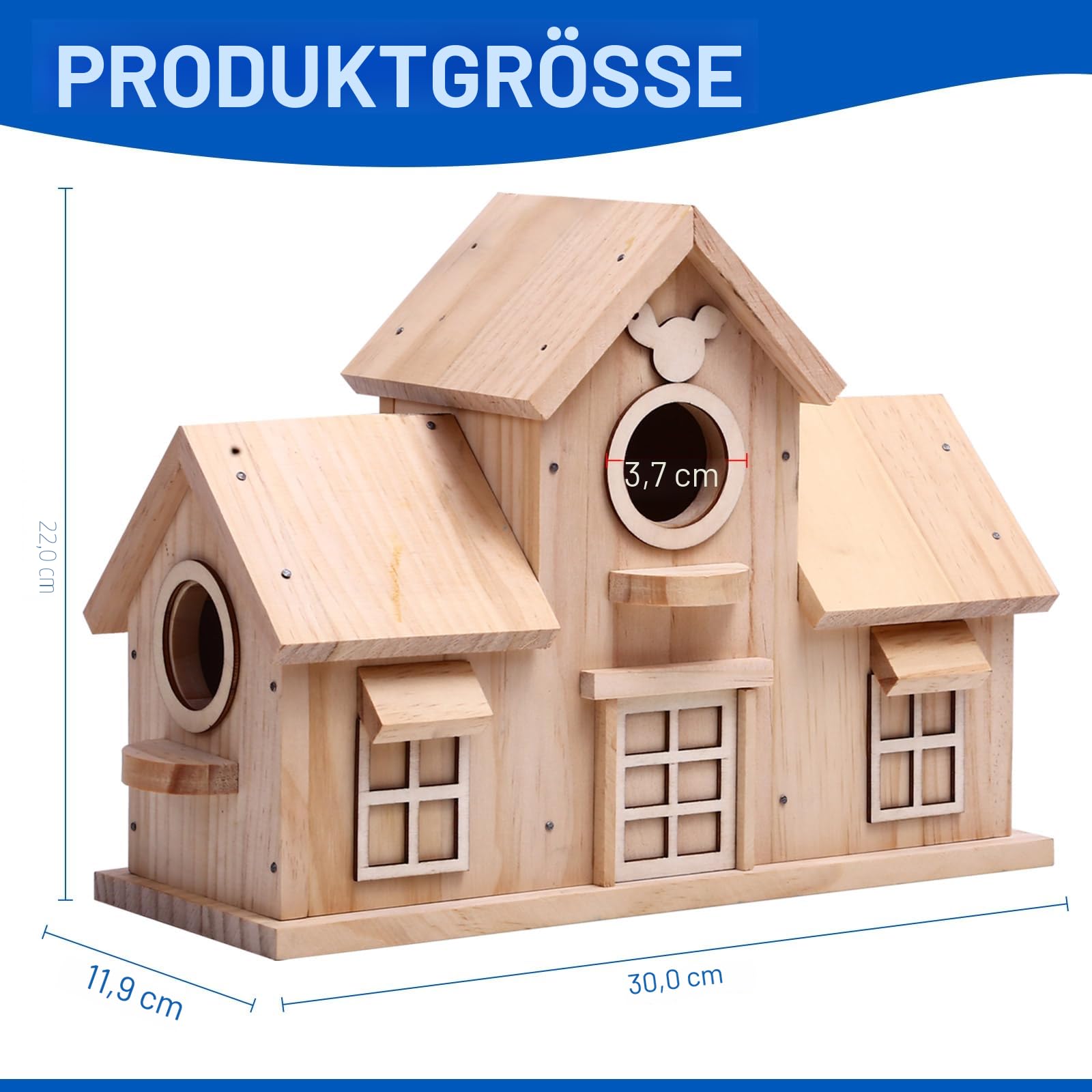 Dekoratives Vogelhaus aus Holz, natürliches Kiefernholz, Design mit doppeltem Eingang