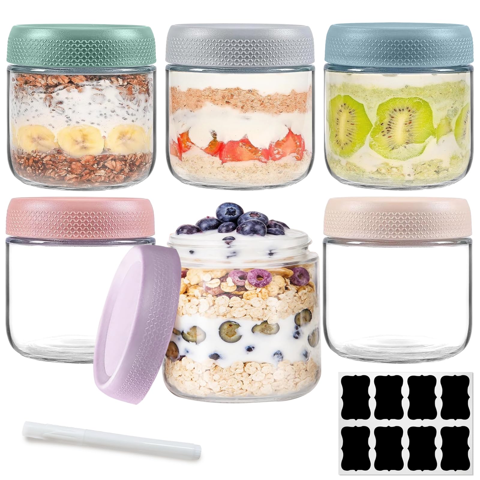 Overnight Oats Jars with Lids Set of 6, 350ml Glass Mason Jars with Lids