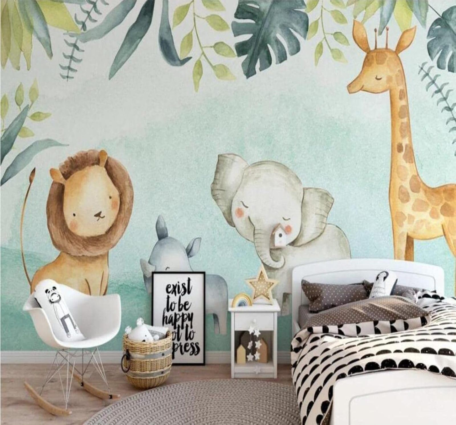 Xlming 400Cm×280Cm(B×H) Cartoon Cute Elephant Giraffe Green Leaves 3D Wallpaper Luxury Silk Study Dining Feature Sofa Grey Bedroom Living Room Tv Decorative Wall-400Cm×280Cm