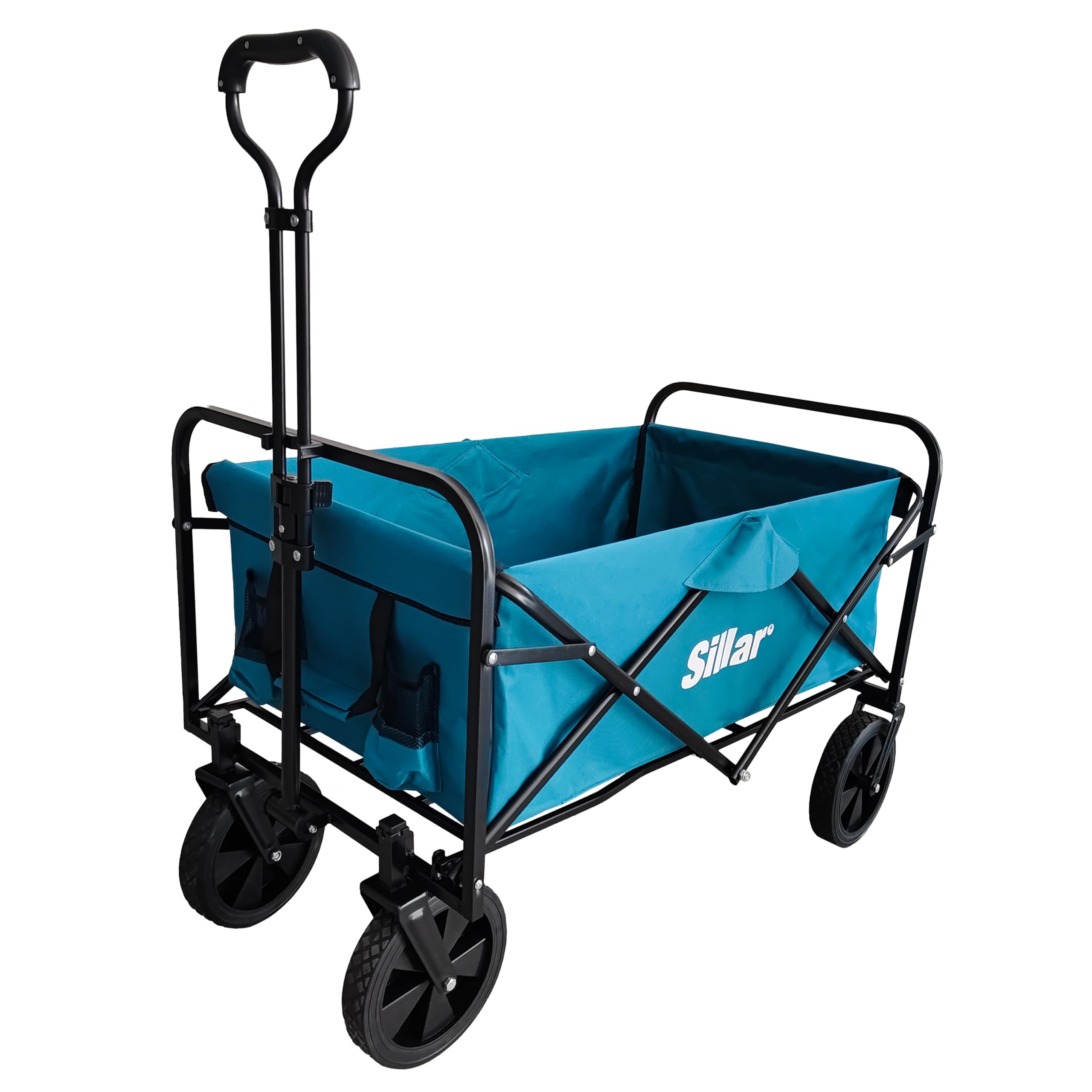 Sillar Carrello pieghevole da giardino, compatto con maniglia, 4 ruote in PVC rinforzato, capacità di carico fino 80 kg, per esterni, giardino, 100 l, 2 tasche aggiuntive per bevande sul davanti, blu