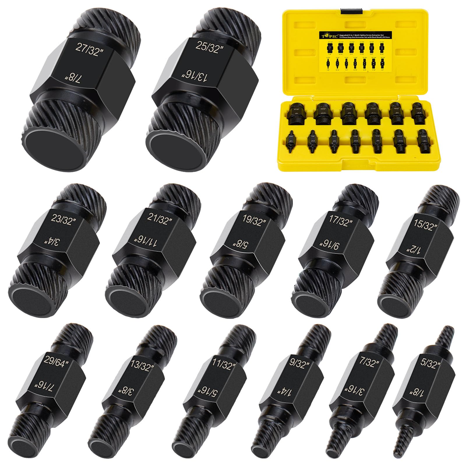 Topec 2-in-1 Screw Extractor Set, 13PCS 26 Sizes Easy Out Bolt Extractor Kit, Stripped Screw Extractor with Double Head, Multi-Spline, CR-MO, for Removing Broken Bolt, Screw, Stud and Pipe