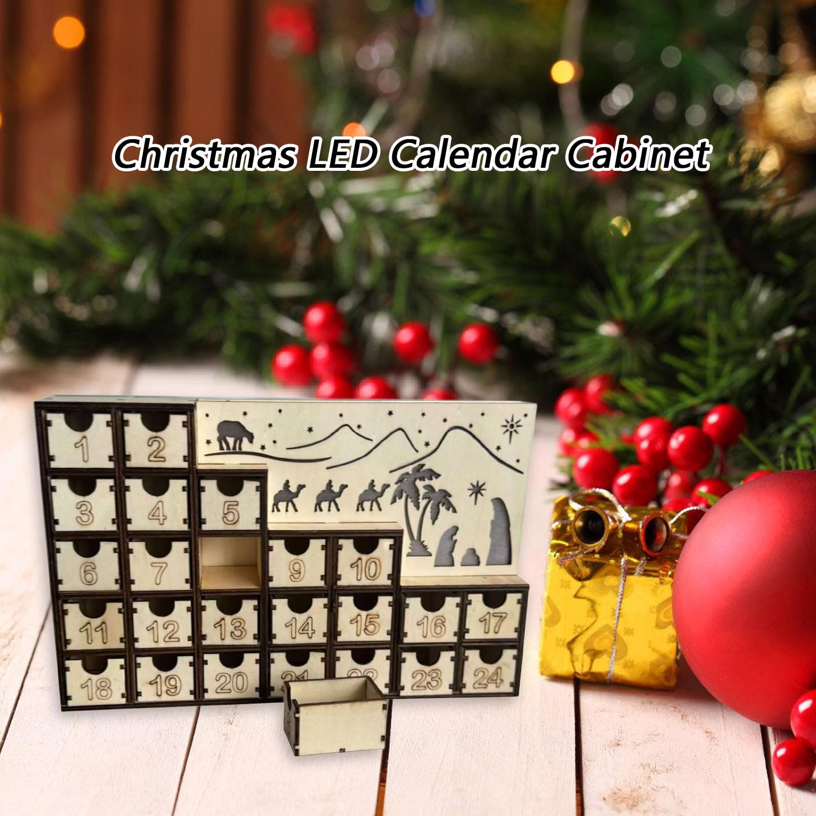 Weihnachtskrippen-Adventskalender aus Holz mit integrierten LED-Lichtern, Urlaubs-Countdown-Ornament & Wohnkultur aus Holz Weihnachten beleuchteter Adventskalender