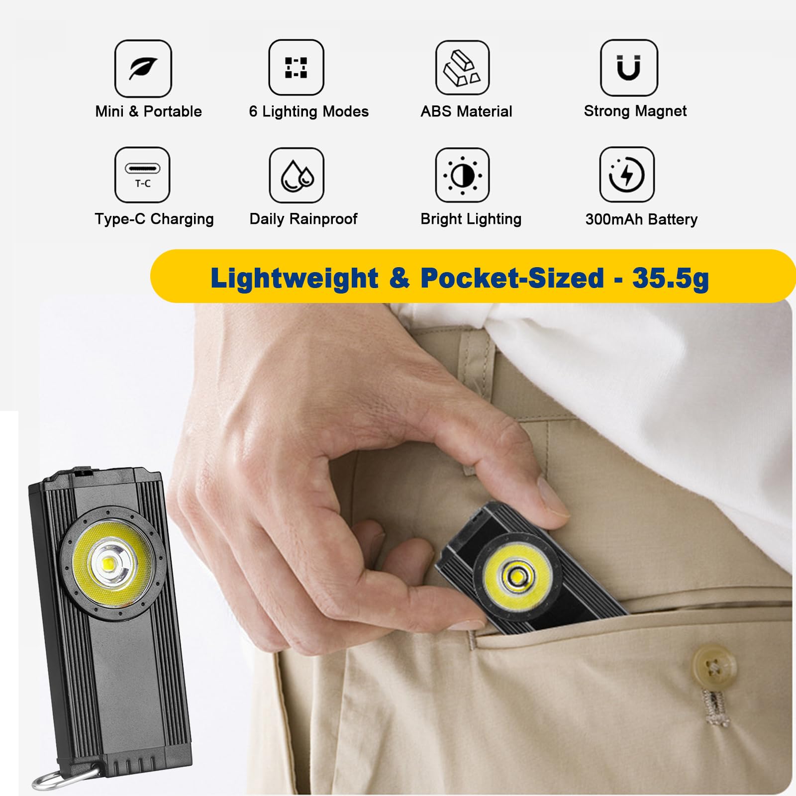 Torcia portachiavi, 500 lumen, ricaricabile, mini luce portatile con magnete e portatile, luce tascabile EDC per campeggio, escursionismo, emergenza