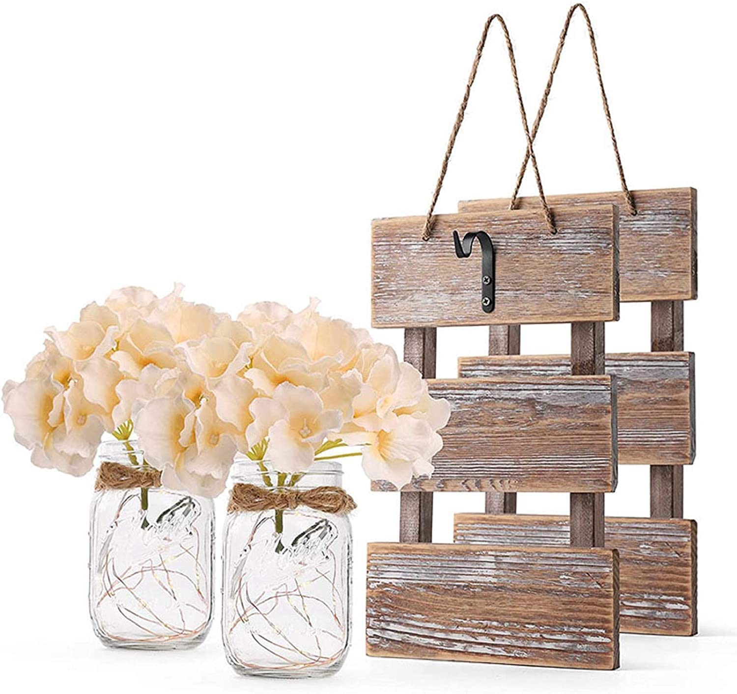 Tebery 2 Pack Mason Jar Wall Sconces with LED Fairy Lights and Silk Hydrangea Rustic Brown Wall Hanging Decor Mason Jar Lights for Home Kitchen Decoration