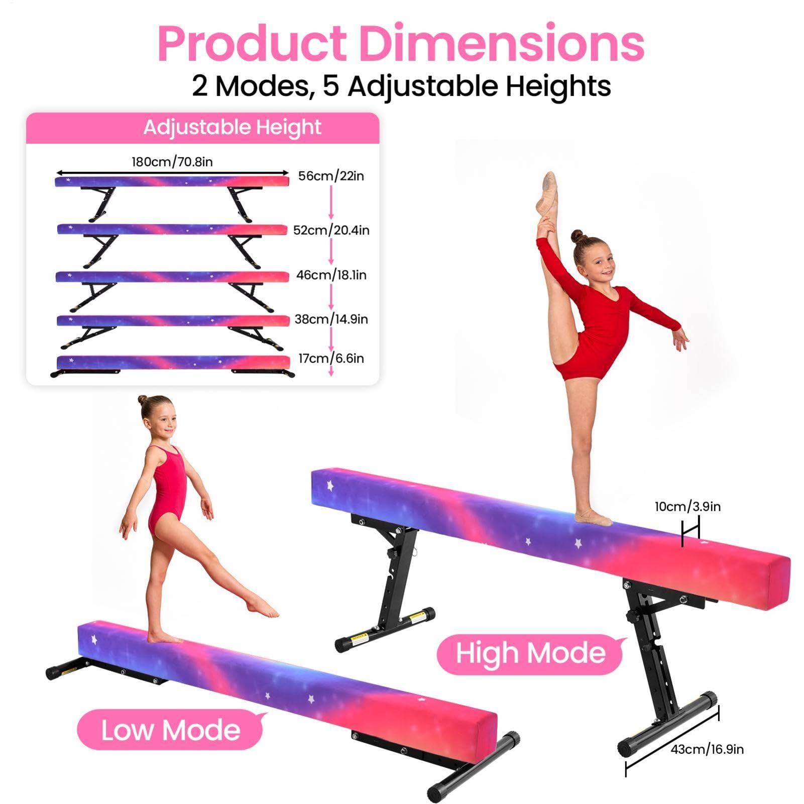 Balance Beam - Trave da ginnastica per bambini, regolabile in altezza, 5 | Trave d'equilibrio per bambini, 180 cm, con base antiscivolo, regolabile in altezza in 5 posizioni, allenamento per