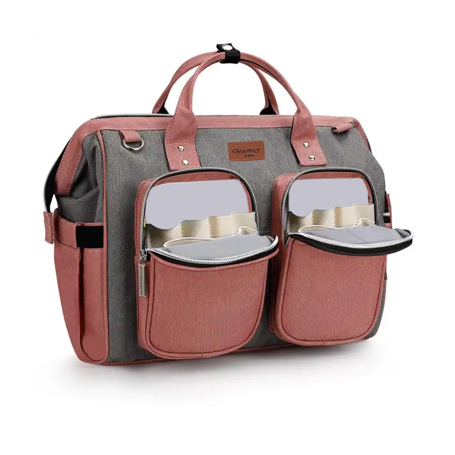 Waterproof Multifunctional Adjustable Spacious Baby Travel Large Nylon Designer Shoulder Nappy Mommy Bag Diaper Bag, Grey-Pink