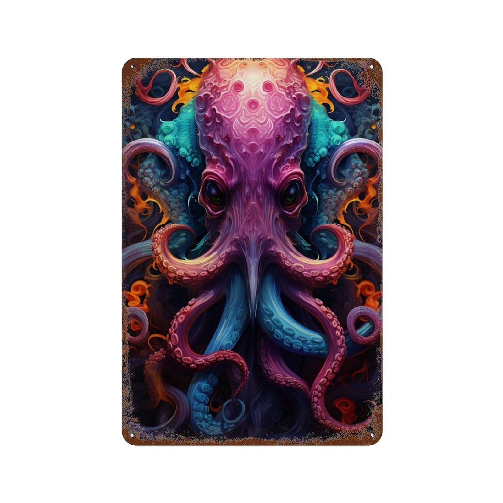 Fantasy Octopus Artwork Rust Effect Tin Sign 11.8"x7.9", Retro Wall Decor for Pub, Kitchen And Man Cave Decor