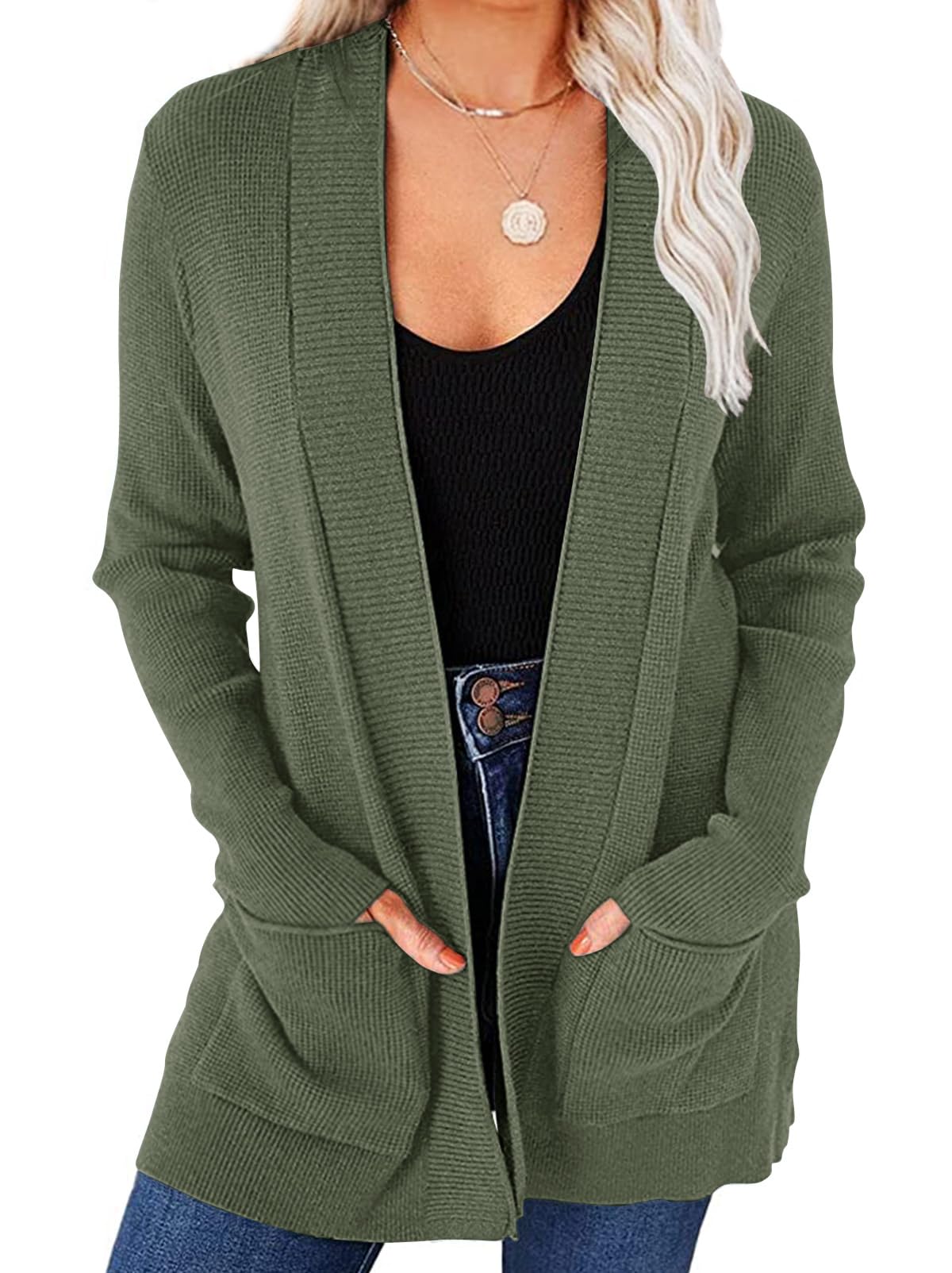 Merokeetywomens 2024 Fall Open Front Waffle Knit Cardigan Long