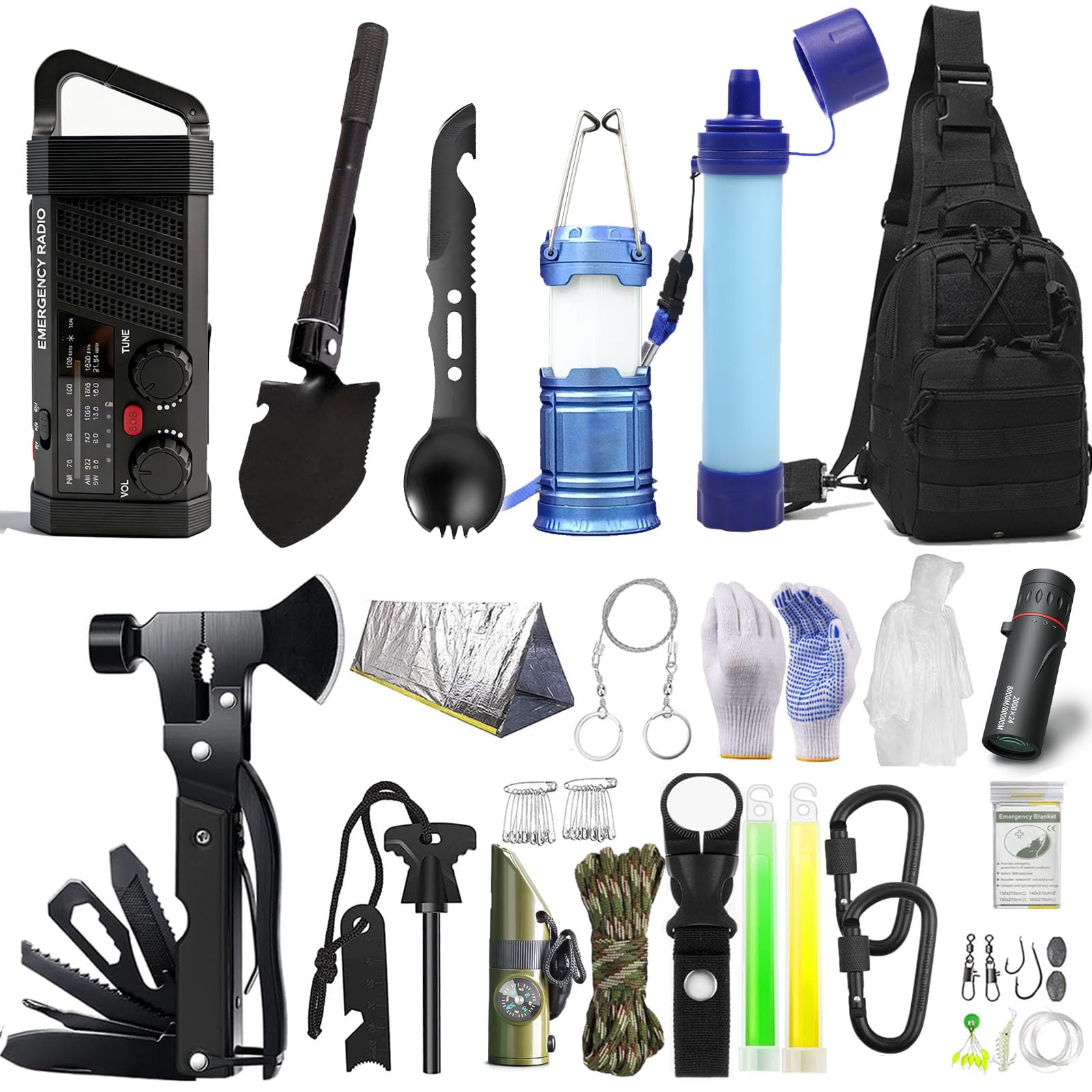 Kit de Supervivencia,Equipo de Supervivencia para Actividades al Aire Libre con Radio Solar de Emergencia,para Camping, Senderismo(Bandolera)