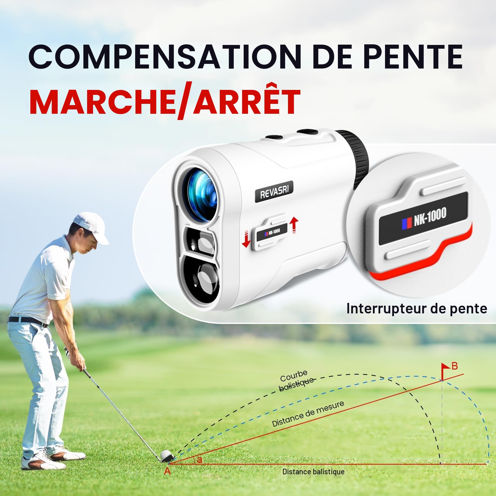REVASRI Télémètre de golf avec vibration de verrouillage de pente et de mât de drapeau, interrupteur de pente externe pour tournoi de golf, télémètres avec batterie rechargeable 1000 yds laser