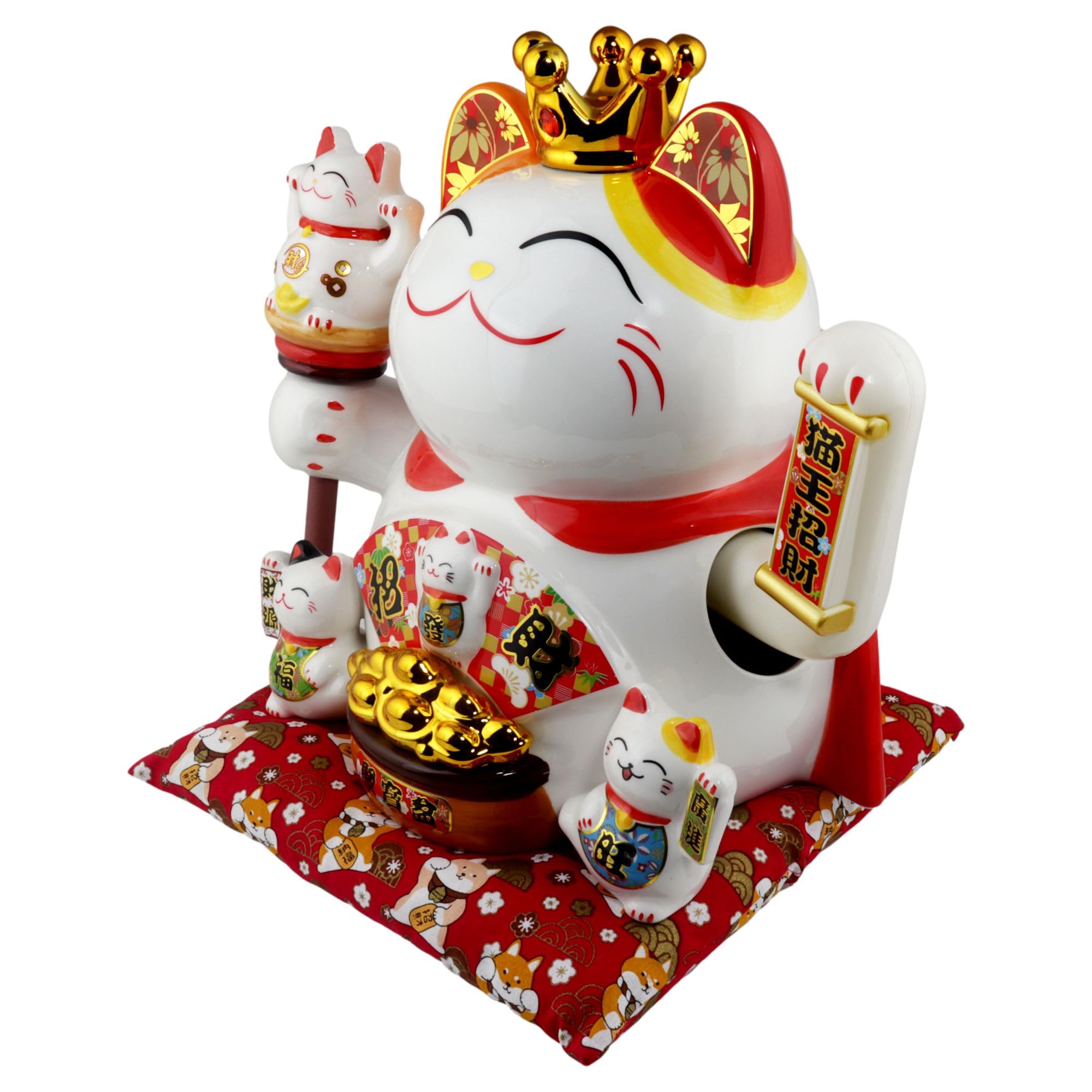 Freak Scene Agitando Gato Chino Maneki-Neko Corona Porcelana 26cm Gato Saludando Blanco Lucky Cat