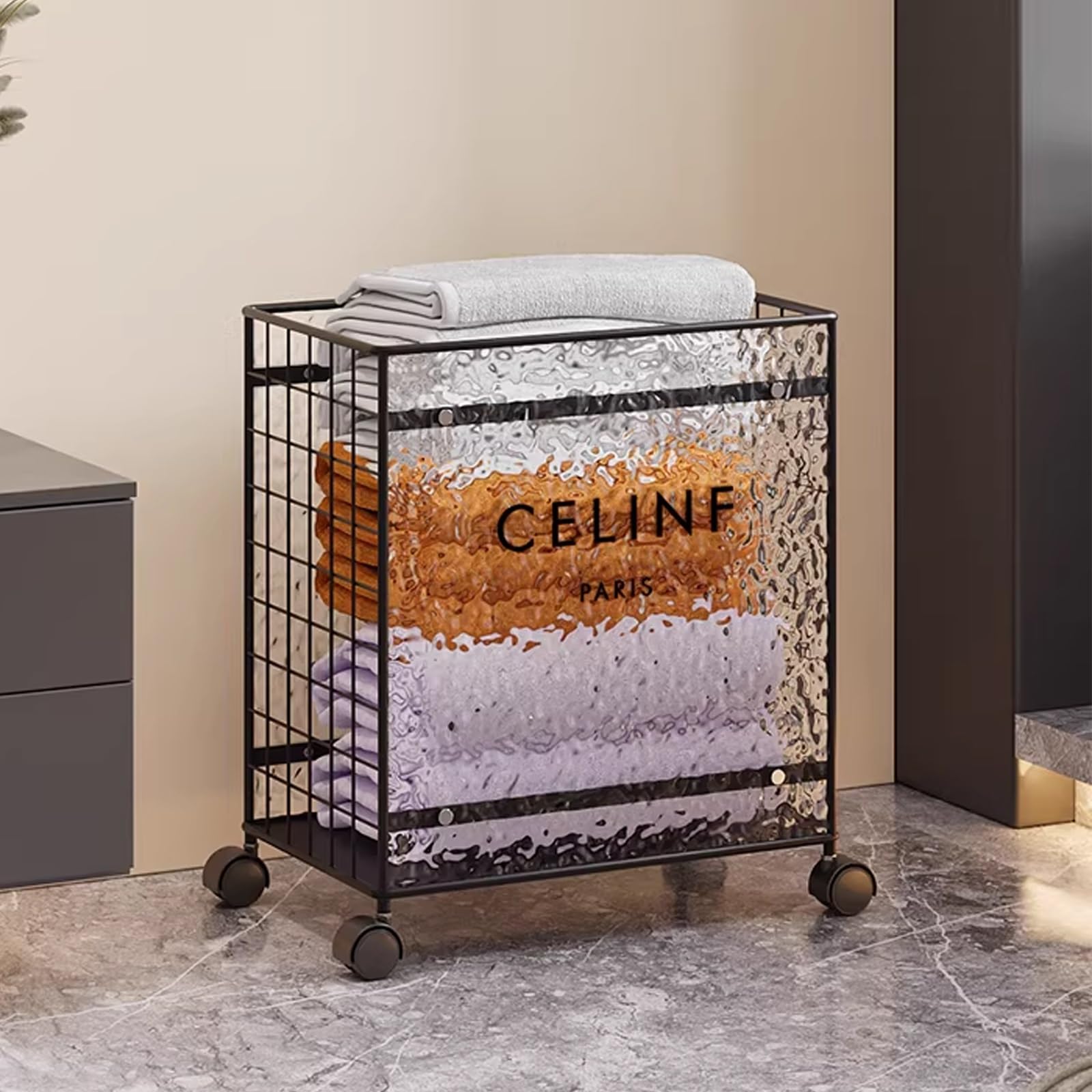 Folding Laundry Basket Household Storage Clothes Hamper with Wheels,Towel