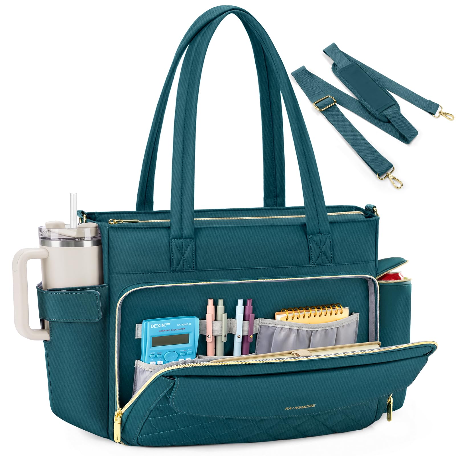RAINSMORE Maletin Portatil Bolso Profesora Mujer 15.6 Pulgadas | Bolso Ordenador con Bolsillo Aislante y Portavasos, Multibolsillos, para Enfermera Trabajo Universidad
