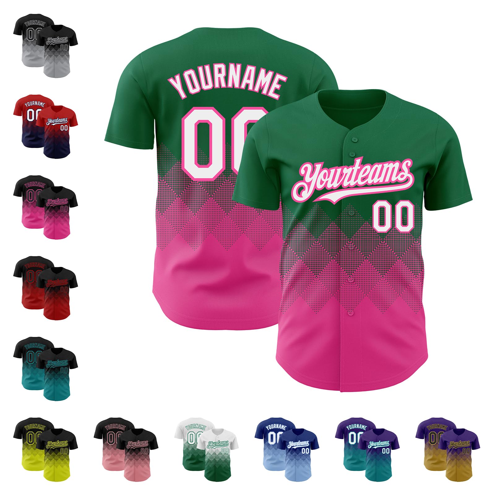 Kelly Green and Black Custom Gradient Baseball Shirts Men, Design Add Stitched Old Gold Name Number, Personalized Any Team Logo Blank Softball Jerseys Button Down Sports Uniforms for Youth Women Boys
