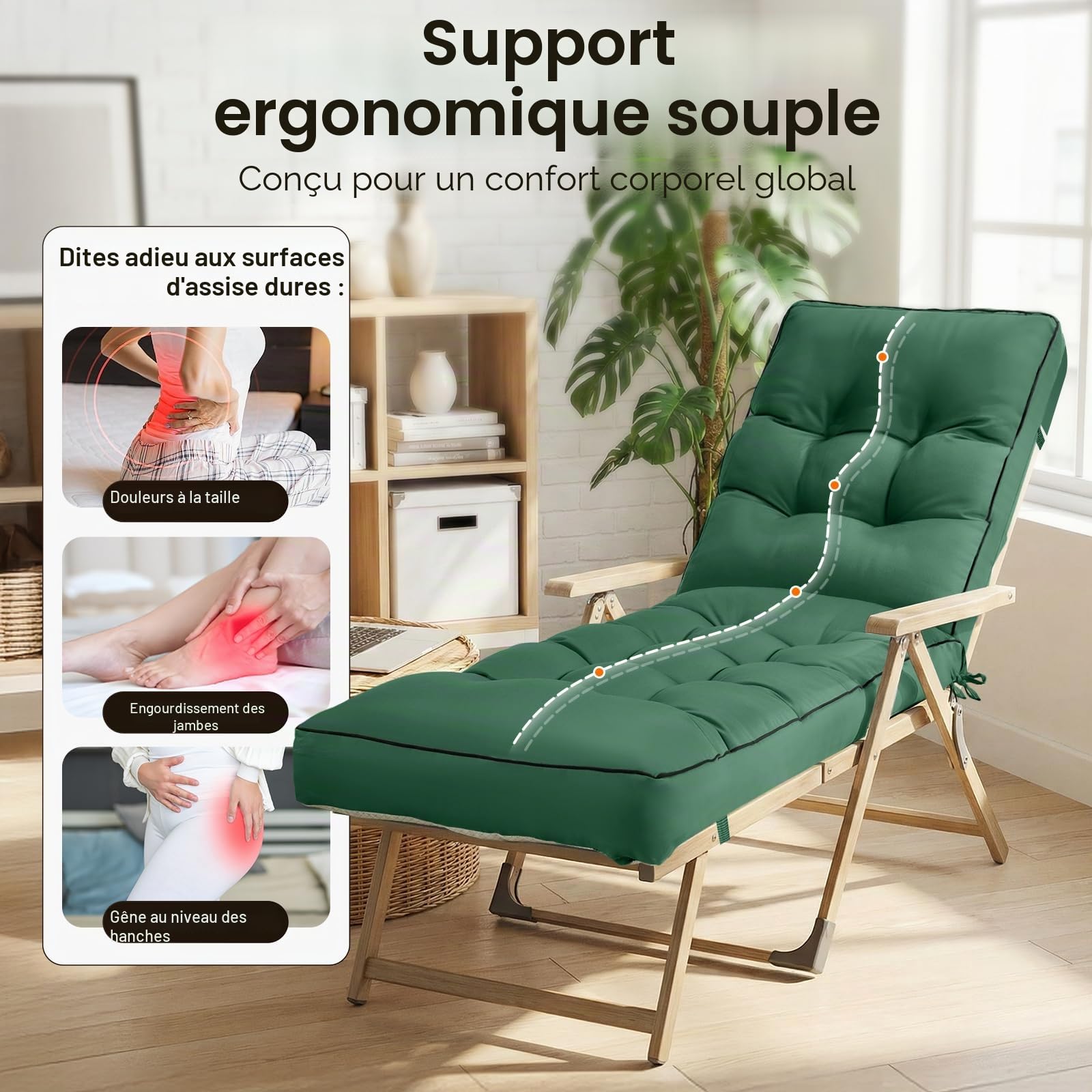Coussin de Chaise Longue 200x55x8 cm, Coussin de Jardin Hydrofuge Mise en Place Facile – Assise Rembourrée en Mousse déchiquetée pour Transat Extérieur, Résistant UV