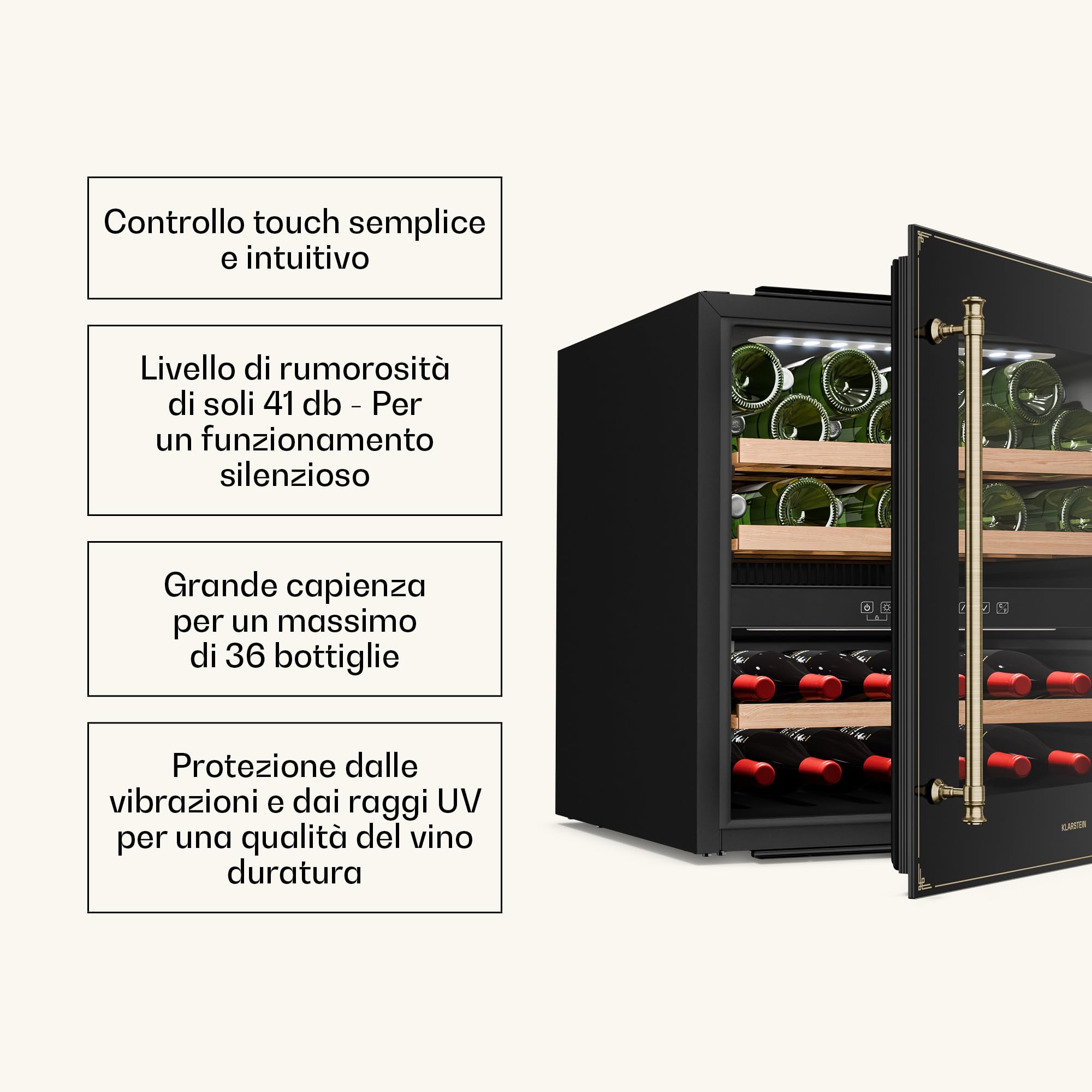 Klarstein Vinsider Victoria 36 - Cantinetta per Vini, 36 Bottiglie, Doppia Temperatura 5-22°C, Touch Control, LED, Silenziosa: 41 dB, Protezione UV, Da Incasso, Nero